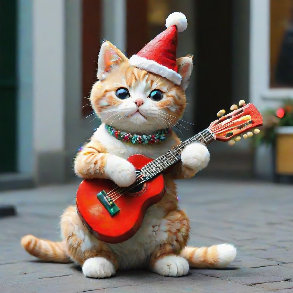 a cool and charismatic cat, donning a festive Christmas hat, BREAK, skillfully strumming a styr guitar while entertaining passersby on a lively street. The cat's playful expression and rhythmic paw movements exude a natural musical talent, captivating the audience with its melodic tunes. The Christmas hat adds a touch of holiday cheer to the scene, as onlookers pause to enjoy the impromptu street performance.