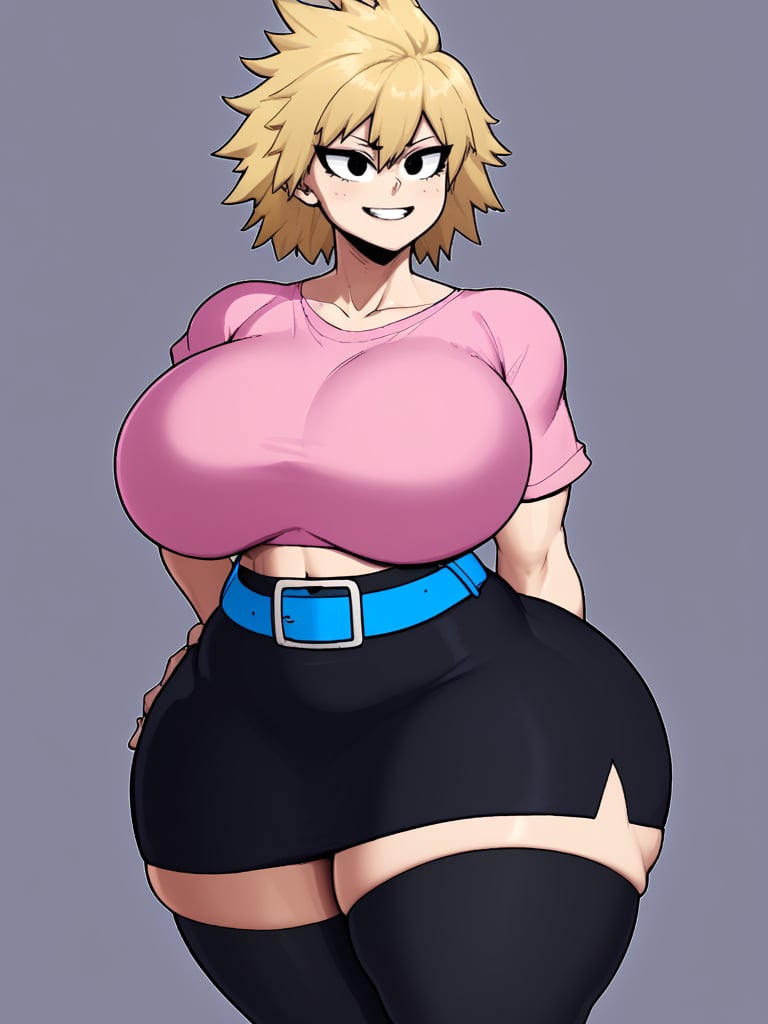 female , light skin , short messy blonde hair , big black eyes , big smile , big breasts , big hips , big ass , big buttocks , big thighs , pink blouse , pink shirt , exposed belly button , blue belt , long black skirt , long black stockings , white sneakers