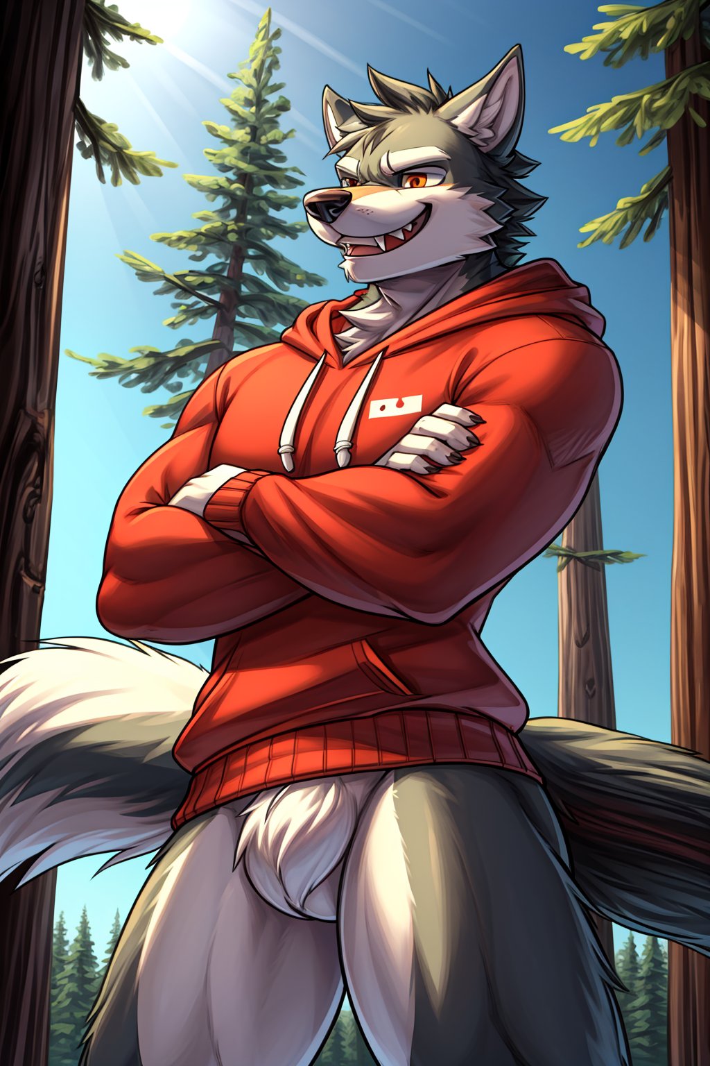 Highly detailed, illustration, animation, 2d, best quality, 4k, masterpiece: 1.2, high resolution, ultra detailed, detailed, furry, detailed illustration, furry drawing, (medium shot) mature wolf, muscular, wears sweatshirt, funny attitude, He is not wearing pants, he is standing in a funny pose, he smiles showing his fangs. He has his arms crossed, in a position demonstrating strength and toughness. In the background you can see the coniferous forest.