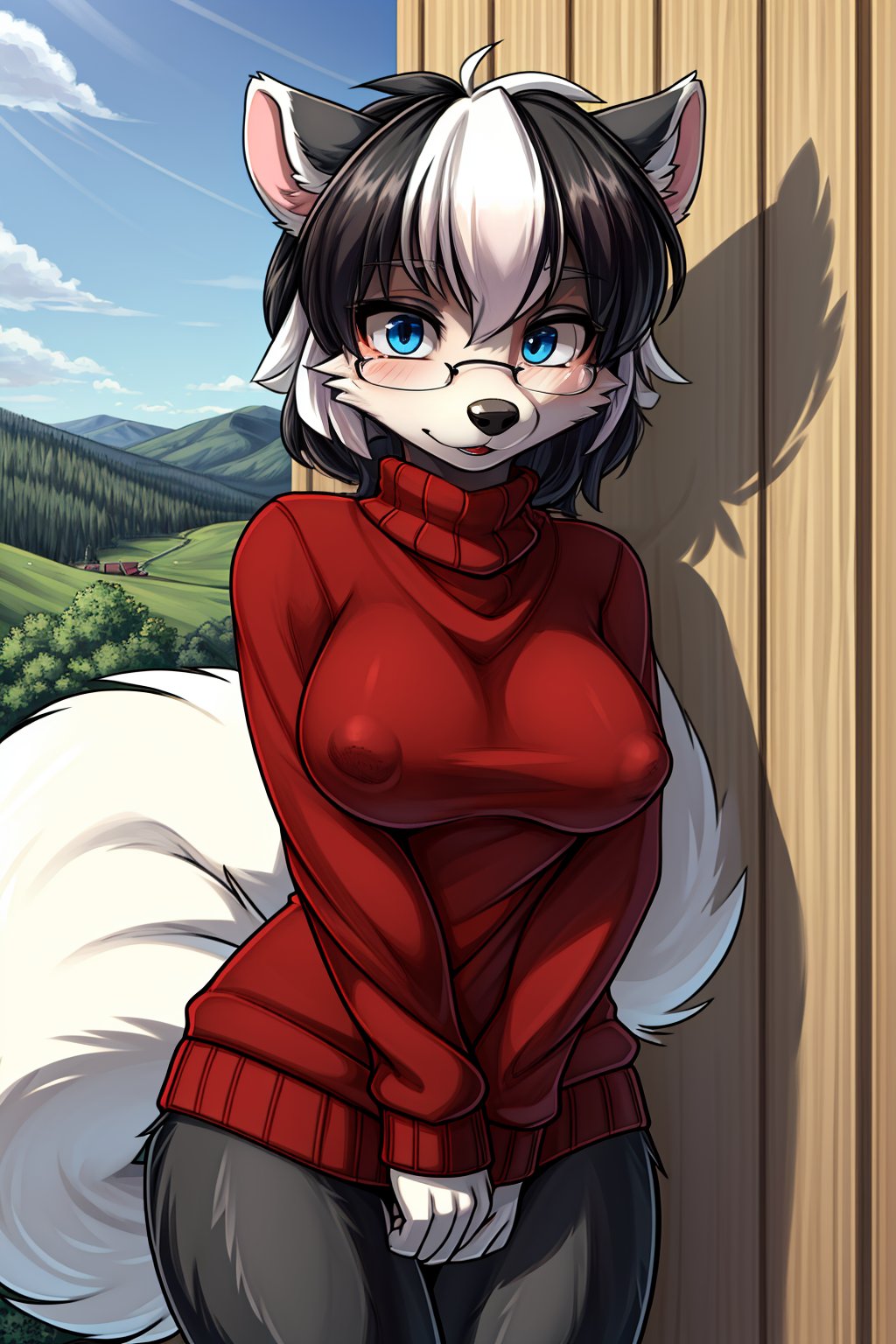 Highly detailed, illustration, animation, 2d, best quality, 4k, masterpiece: 1.2, high resolution, ultra detailed, detailed, classic beauty, beautiful perfect eyes, furry, detailed illustration, furry drawing, (medium shot) young skunk girl, black and white fur, black forelock, black hair around eyes, medium breasts, wears glasses, red sweater with turtleneck, wears no pants. has a funny attitude, is in a funny pose, facing the viewer, is leaning against a fence, next to her is a young and strong wolf, who hugs her, in the background you can see the coniferous forest.