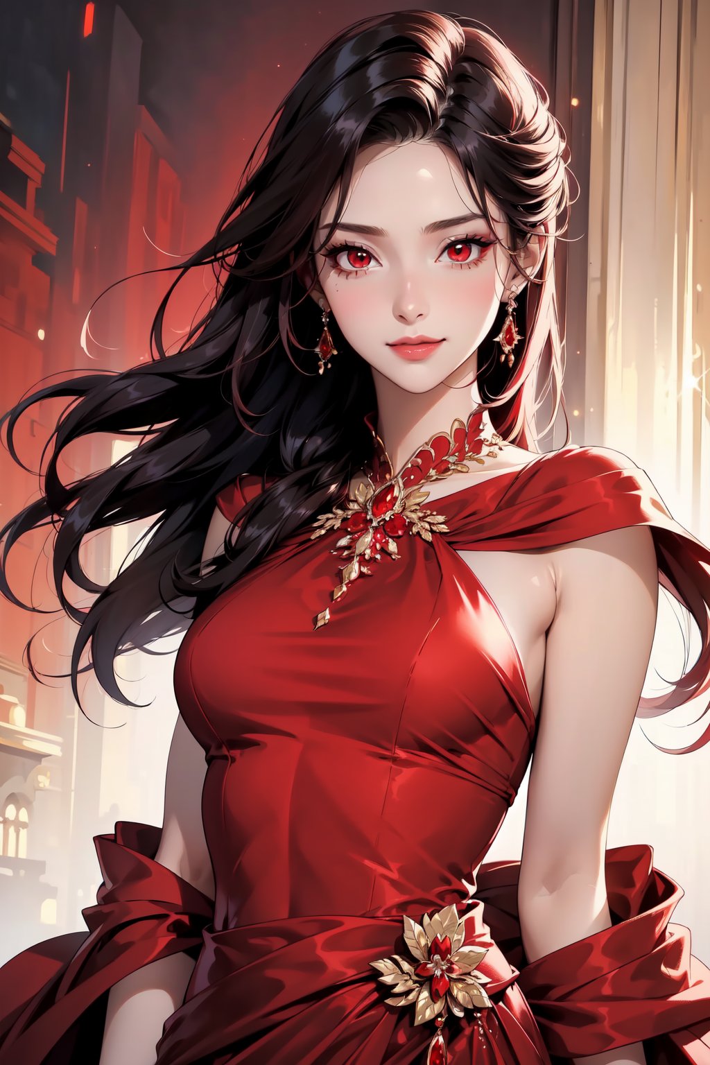 Beautiful girl. She is very badass. She's wearing a beautiful red evening dress. The background of the picture is a luxurious city. Detailed eyes, detailed image, detailed skin; tender smile. Himecut hairstyle, black long hair, golden hairpin. red eyes. Proportional and beautyful body. It's nightime.