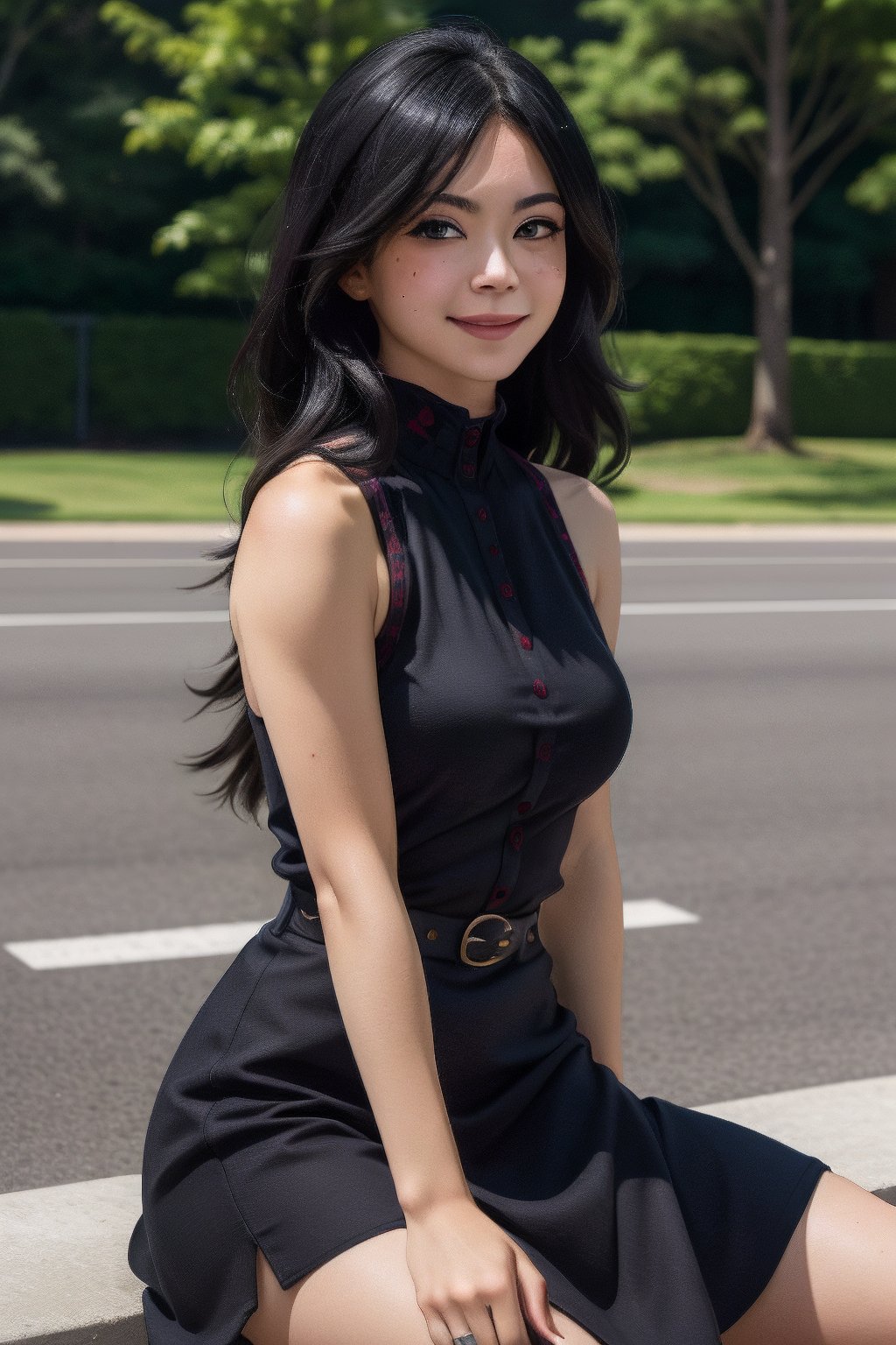 (extremely detailed CG unity 4k wallpaper),(masterpiece),(best quality),(ultra-detailed),(best illustration),(best shadow),(absurdres),(detailed background),  Nemuri Kayama, 1girl, solo, black hair, long hair, blue eyes, black dress, black turtleneck dress, sleeveless, smile, mole under eye, medium breasts, covered, mole, looking at viewer, fence, sitting