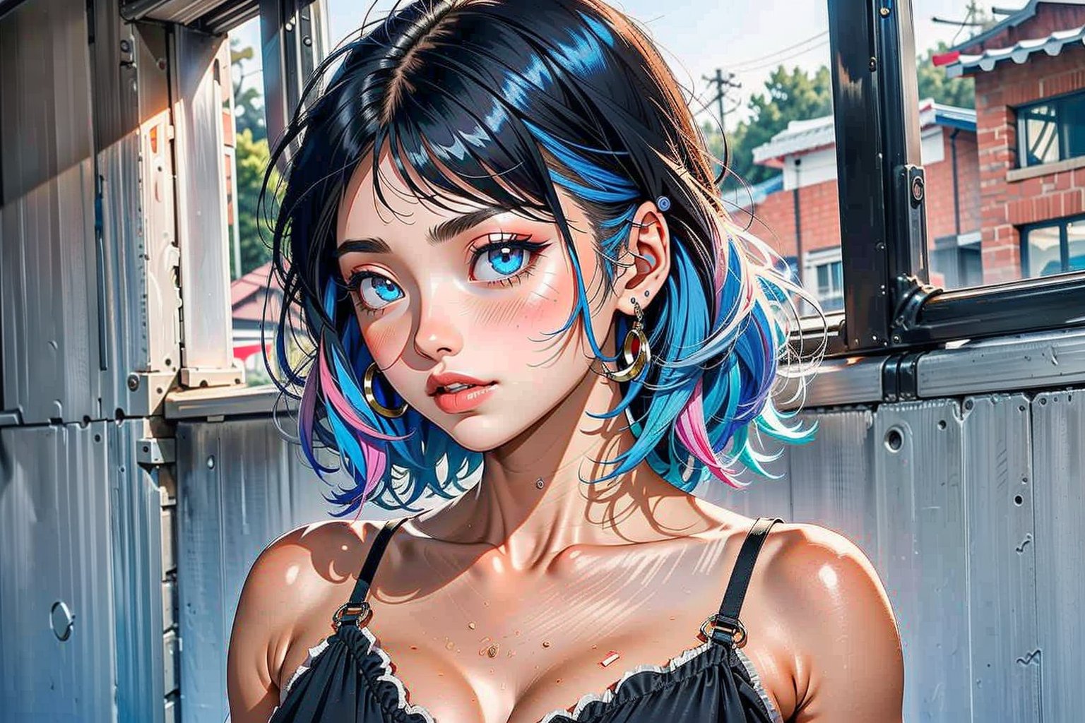 Skinny, , , Makeup, Long eyelashes,  face, face, Multicolor hair, Blue hair, Mistress costume, Cleavege, Unzipped clothes, Unbuttoned clothes, Masterpiece, Realism, Woman, Many people, Latina, 
, Korean