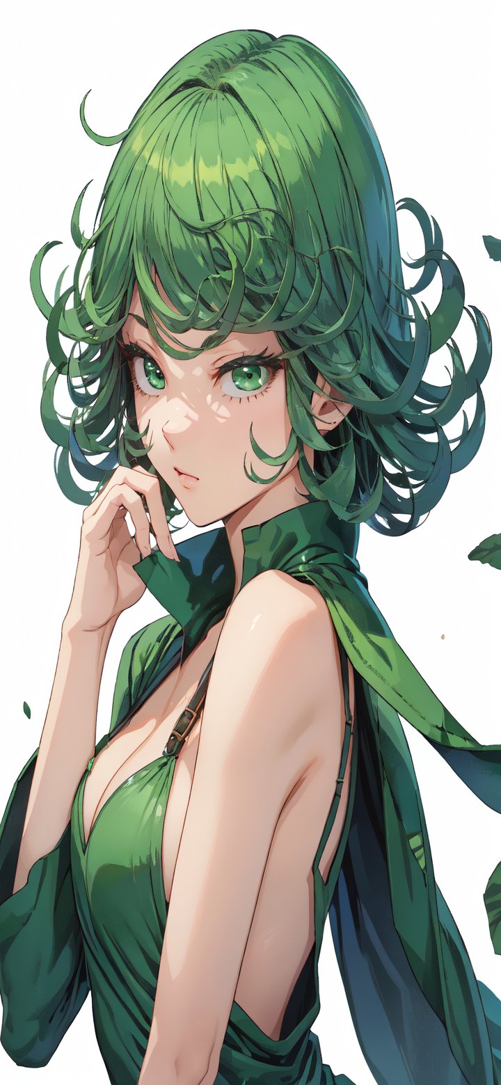 Tatsumaki , white background, perfect, hand, fingers, 1 sexy and hot woman,ideal woman, Tatsumaki, High detailed, Detailed face , Green clothes, Green eyes, Green hairs