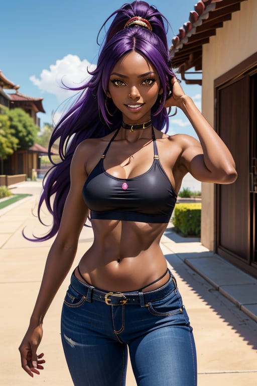 shihouin yoruichi,masterpiece, masterpiece, best quality, absurdres, perfect antomy, cowboy shot, 1girl, solo, purple hair,long hair, looking at viewer, smile, dark skin, Cropped flare jeans, crop top, mules 