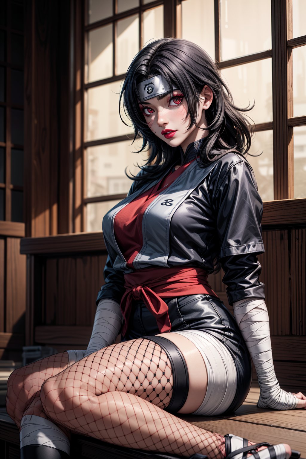 nar_kurenai_yuhi,forehead protector,bandages,sarashi,red eyes,makeup,lipstick,ninja,lipstick,fishnets,sitting,