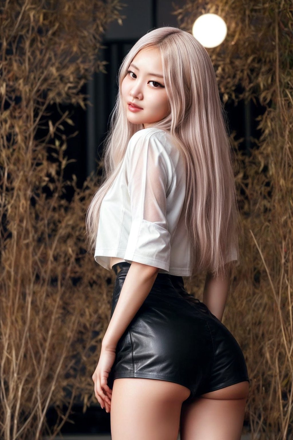 ((Generate hyper realistic image of captivating scene featuring a stunning 22 years old Korean girl)),  with long white ha...