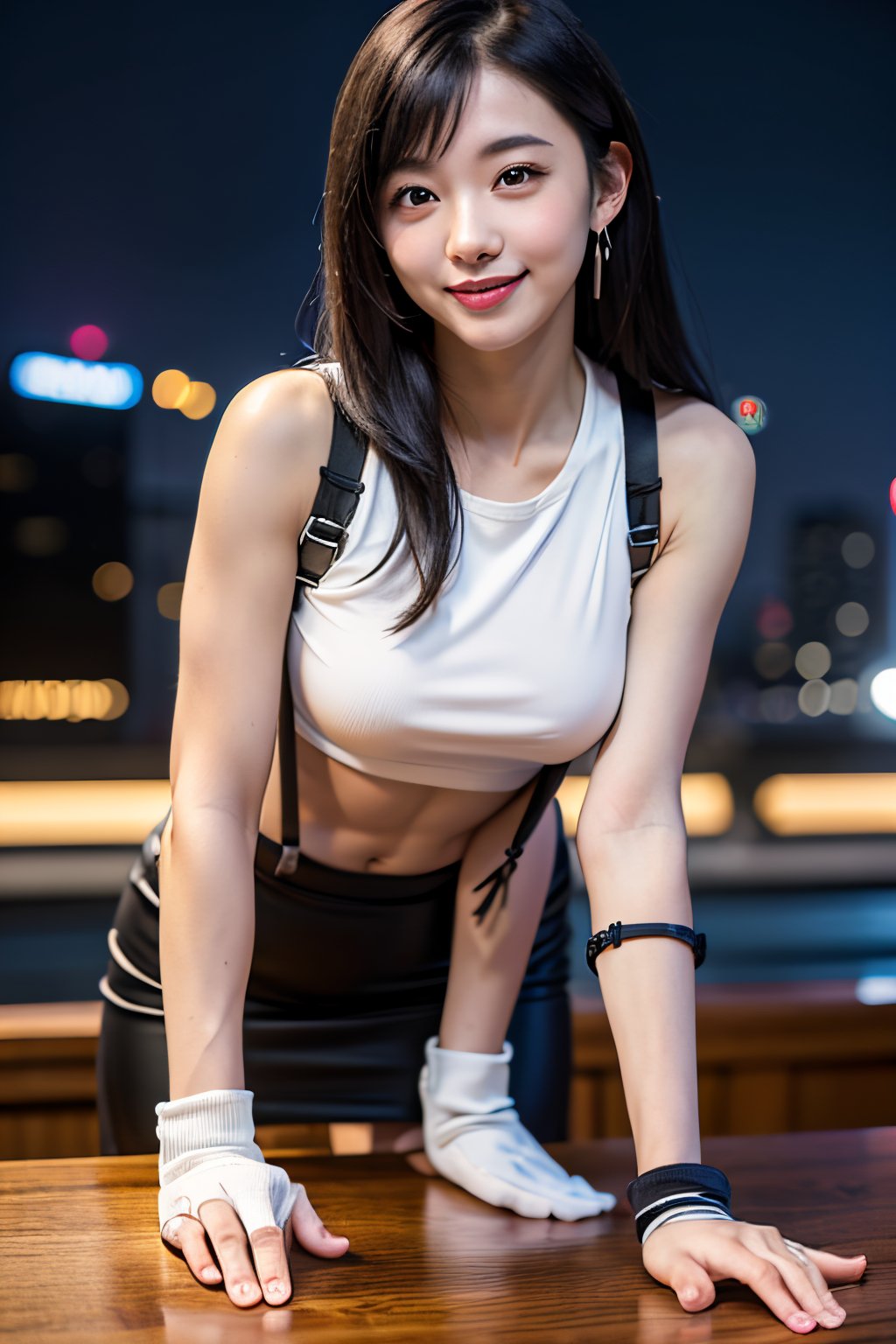 masterpiece, best quality, defTifa, white crop top, elbow pad, fingerless gloves, suspenders, pencil skirt, upper body, looking at viewer, leaning forward, smile, bar, city at night 