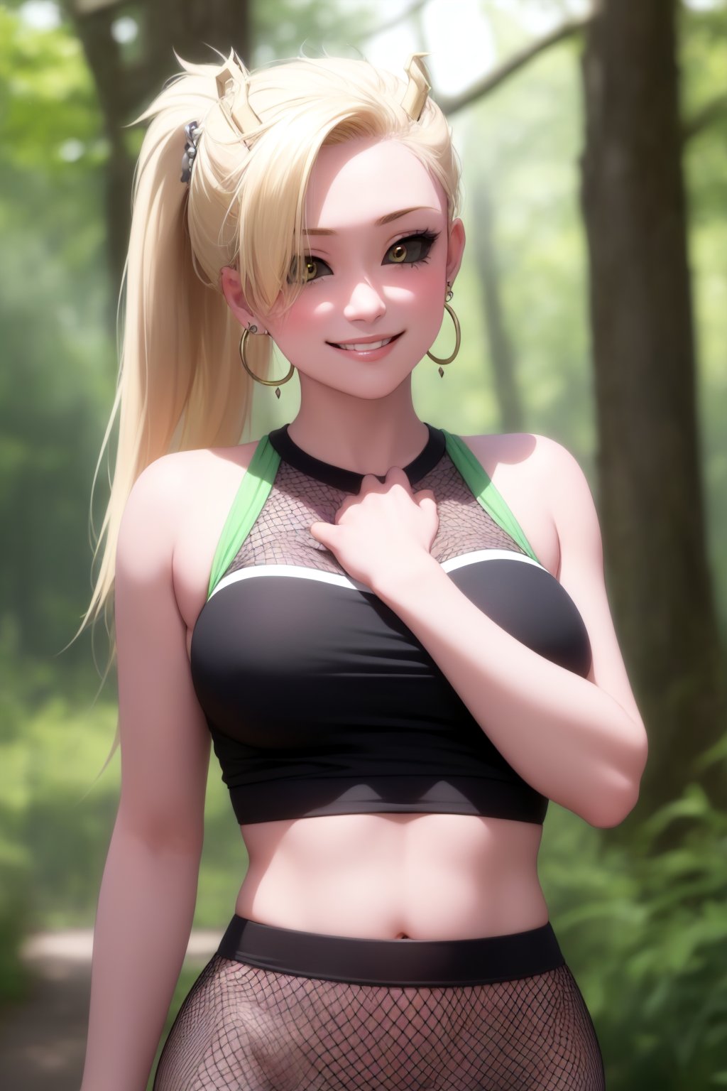 (masterpiece, best quality:1.2), solo, 1girl, yamanaka ino, smile, looking at viewer, hair over one eye, ponytail, hairclip, crop top, skirt, fishnets, earrings, midriff, forest ,yamanaka ino,clothing_inner_view