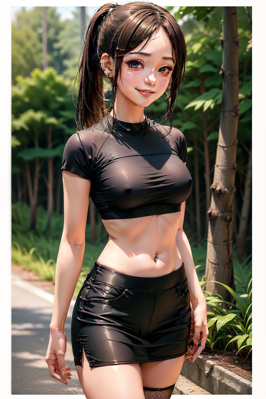 (masterpiece, best quality:1.2), solo, 1girl, yamanaka ino, smile, looking at viewer, hair over one eye, ponytail, hairclip, crop top, skirt, fishnets, earrings, midriff, forest ,yamanaka ino,clothing_inner_view