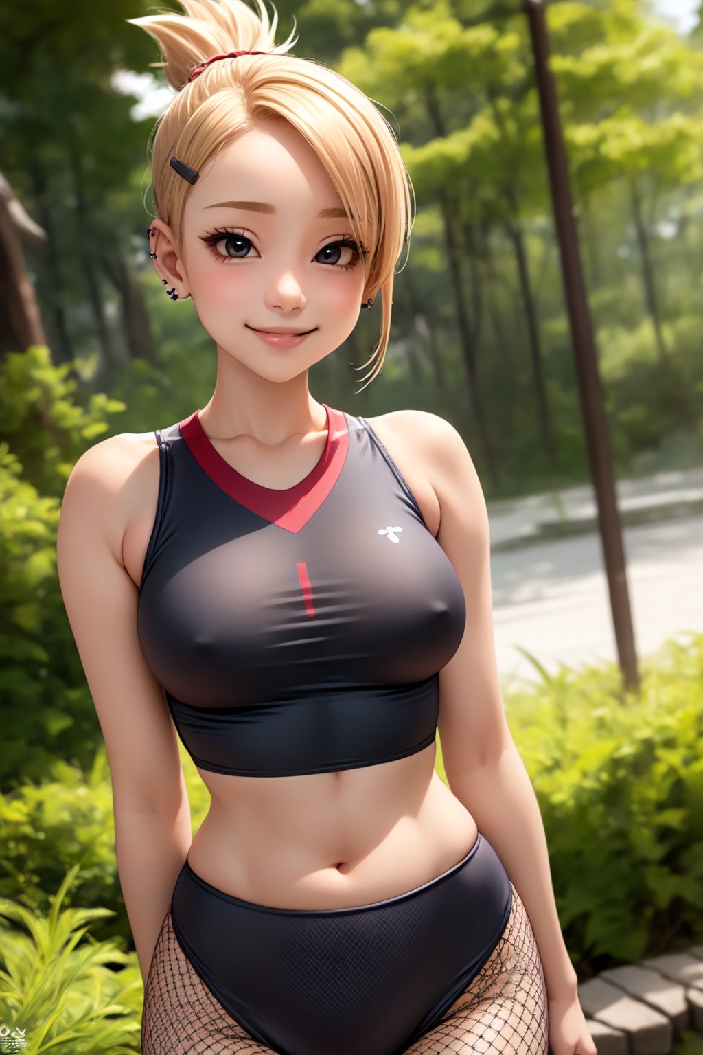 (masterpiece, best quality:1.2), solo, 1girl, yamanaka ino, smile, looking at viewer, hair over one eye, ponytail, hairclip, crop top, skirt, fishnets, earrings, midriff, forest ,yamanaka ino,clothing_inner_view