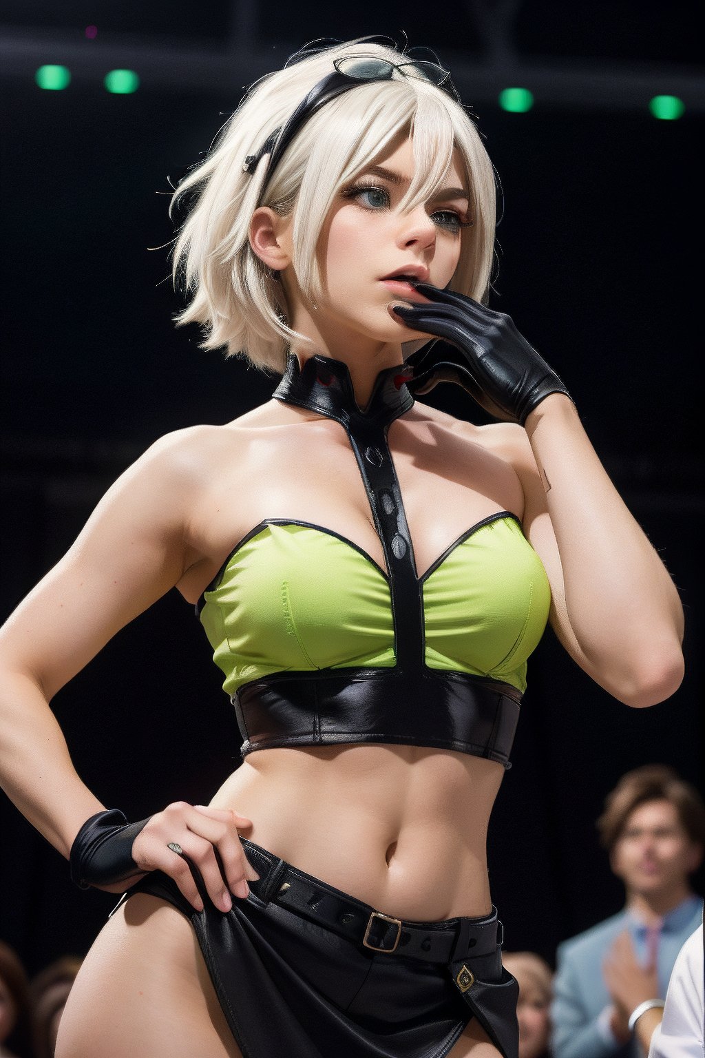 female character. She has short,  straight white hair with darker roots,  and her bangs fall just above her bright green e...