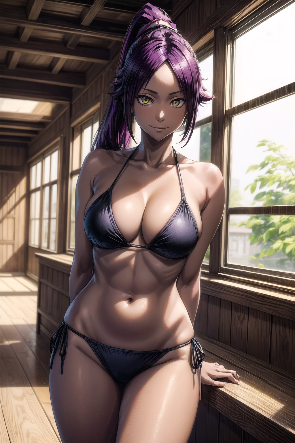 masterpiece, best quality, highres, collarbone, , indoors, cowboy shot, standing, smile, string bikini, black_string_bikini, arms behind back, curvy_figure , yoruichi shihouin, long hair, yellow eyes, ponytail, purple hair, ,dark-skinned female