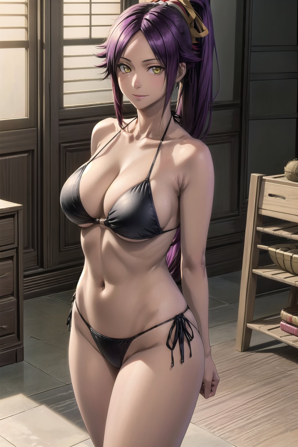 masterpiece, best quality, highres, collarbone, , indoors, cowboy shot, standing, smile, string bikini, black_string_bikini, arms behind back, curvy_figure , yoruichi shihouin, long hair, yellow eyes, ponytail, purple hair, ,dark-skinned female