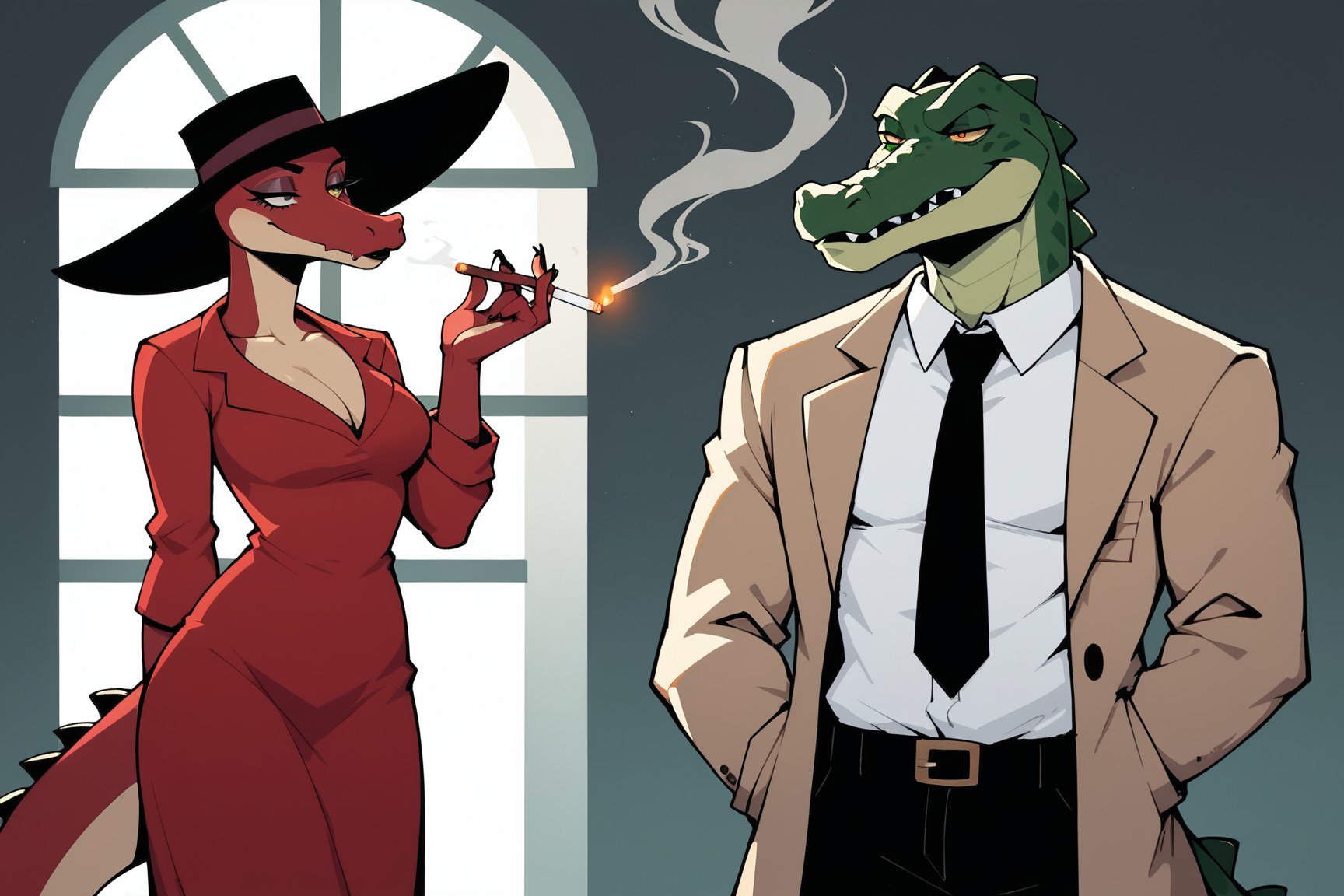 Score_9, Score_8_up, Score_7_up, masterpiece, best quality, 4k, perfect lighting, very aesthetic, absurdres, uncensored, rating_general, source_anime, BREAK, 1man, ((anthropomorphic alligator detective)), 50's noir style, private eye, trenchcoat, hat, smoky office, [cigarette], dim lighting, dingy, woman in red dress