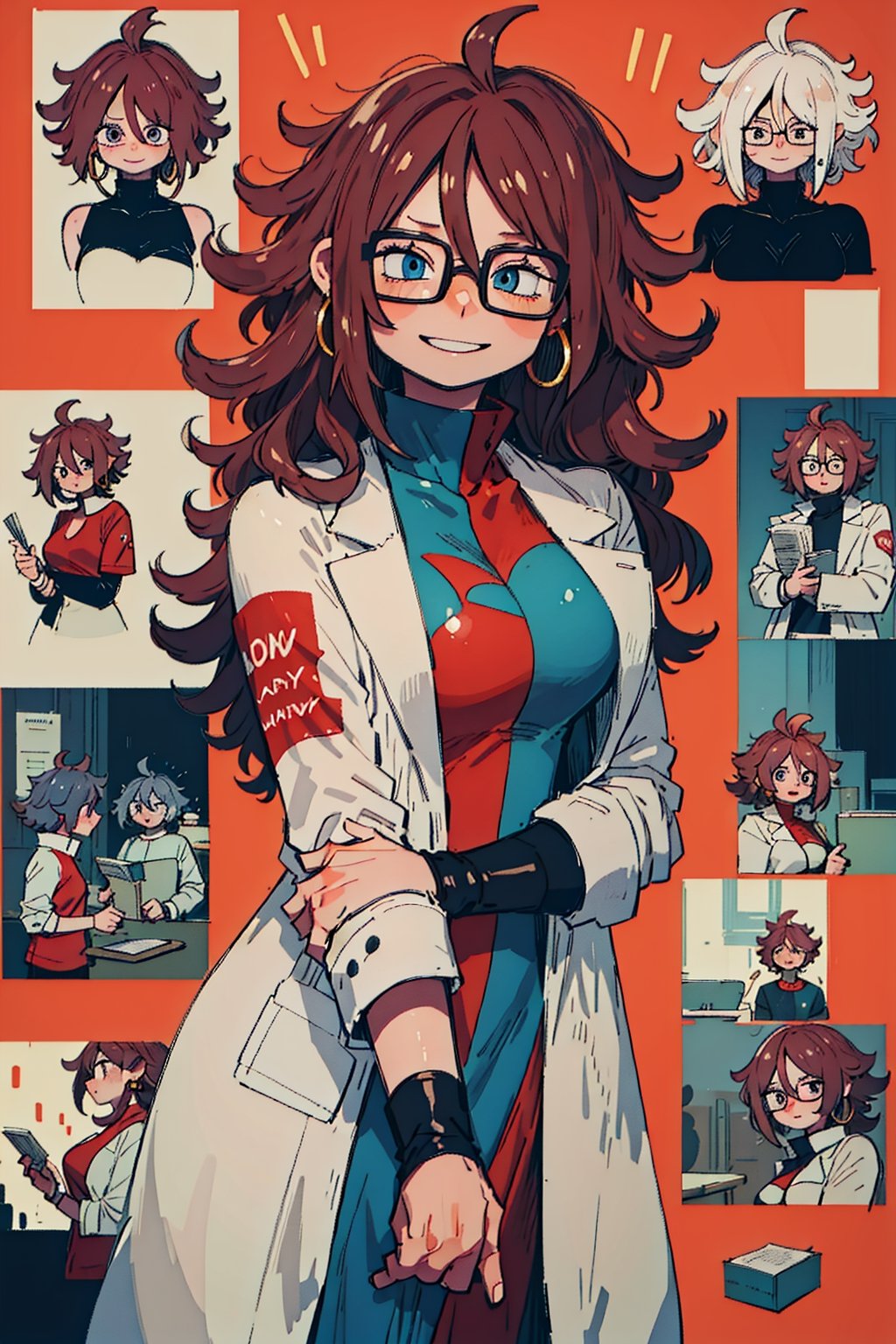 1girl, solo, long hair, breasts, looking at viewer, smile, blue eyes, large breasts, brown hair, dress, hair between eyes, jewelry, medium breasts, earrings, glasses, turtleneck, black-framed eyewear, curly hair, hoop earrings, labcoat, checkered clothes, checkered dress, android 21
,aaandro,
, torn paper collage, patchwork collage, 
newspaper print collage, dadaism, bosozoku, cassette futurism, VHS effect distorted,Fashion Illustrati, 
red background, 
studying, read, walk,
perspective from below
water, fire,princessbubblegum,aphrodite