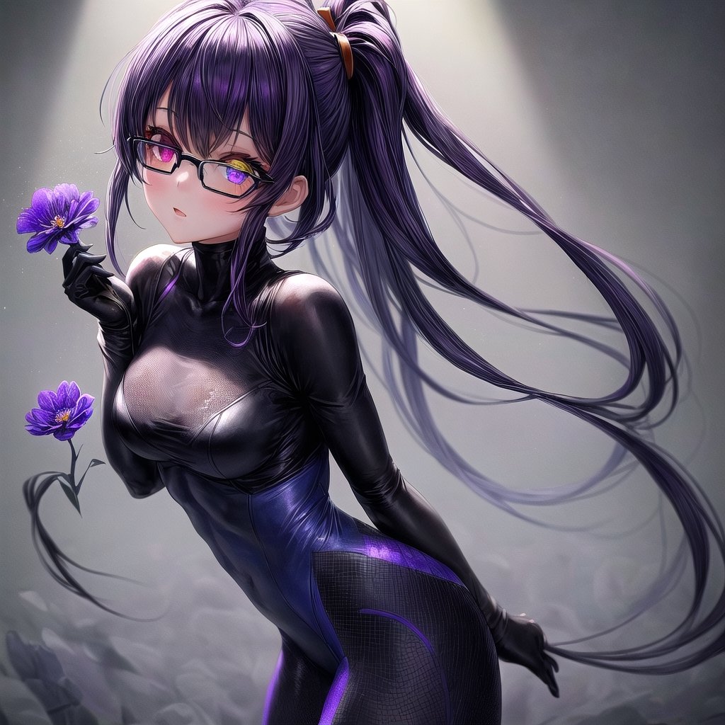 1girl, (masterpiece), best quality, expressive eyes, perfect face, anime girl with purple and black hair and purple flowers in her hair, anime girl wearing a black samus zero suit outfit, dark flowers, black flowers, purple and black clothes, violet and black, purple and black color palate, gothic maiden anime girl, school girl in samus zero suit outfit, gothic girl dressed in black, violet flower, purple and black color scheme, ((purple)), dark purple, small breast, (purple and dark blue eye heterochromia)+, glasses, Add more details, More Detail