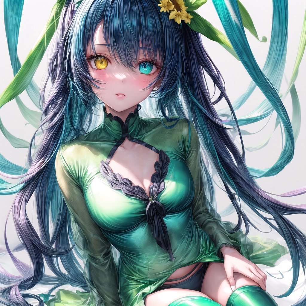 1girl, (masterpiece), best quality, expressive eyes, perfect face, anime girl with blue hair and green flowers in her hair, anime girl wearing a green holographic dress, green flowers, blue flowers, green and aqua clothes, green and aqua, green and aqua color palate, maiden anime girl, school girl in holographic dress, girl dressed in green, rose flower, green and blue color scheme, ((green)), dark green, small breast, (aqua and yellow eye heterochromia)+, white thighhighs