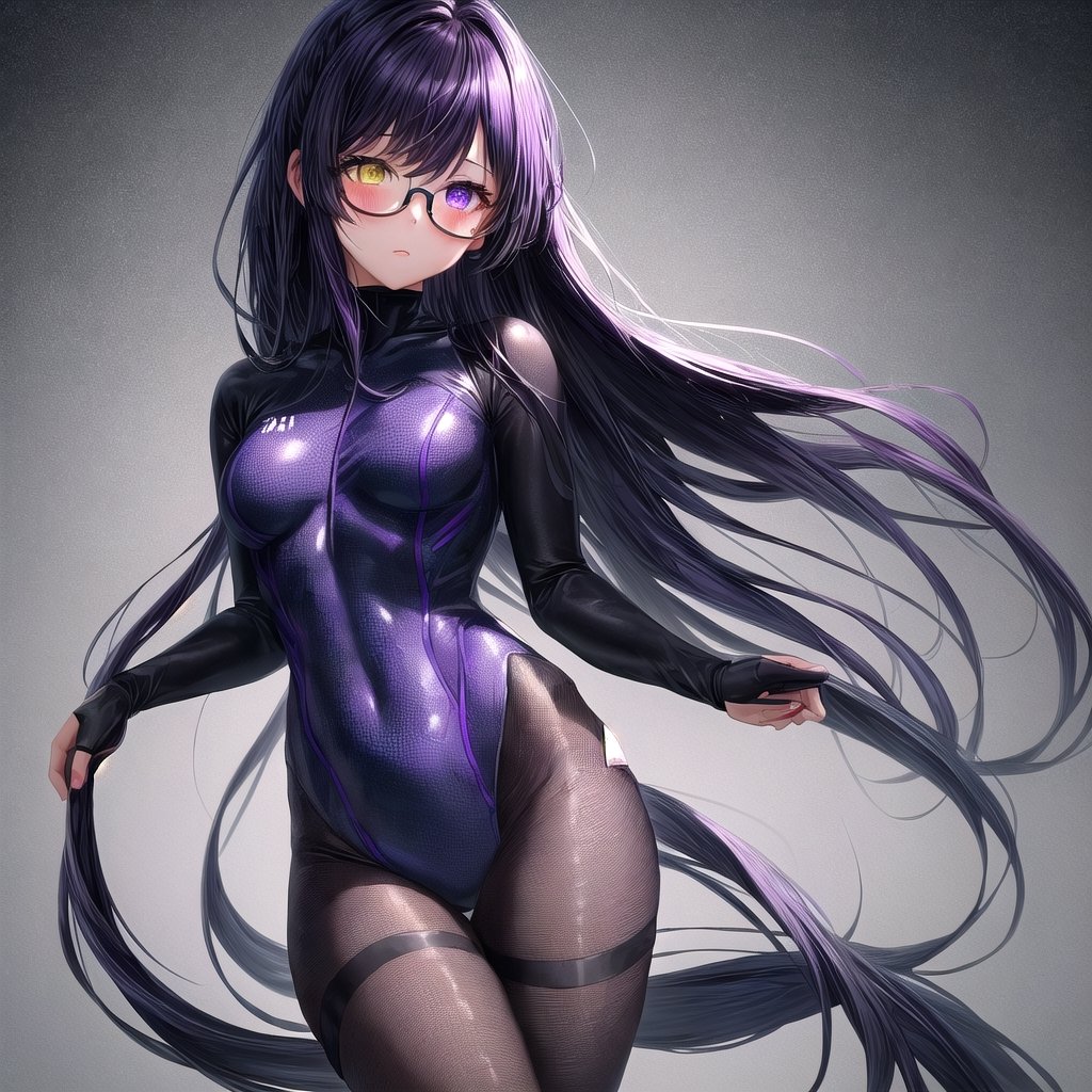 1girl, (masterpiece), best quality, expressive eyes, perfect face, anime girl with purple and black hair and purple flowers in her hair, anime girl wearing a black samus zero suit outfit, dark flowers, black flowers, purple and black clothes, violet and black, purple and black color palate, gothic maiden anime girl, school girl in samus zero suit outfit, gothic girl dressed in black, violet flower, purple and black color scheme, ((purple)), dark purple, small breast, (purple and dark blue eye heterochromia)+, glasses, Add more details, More Detail