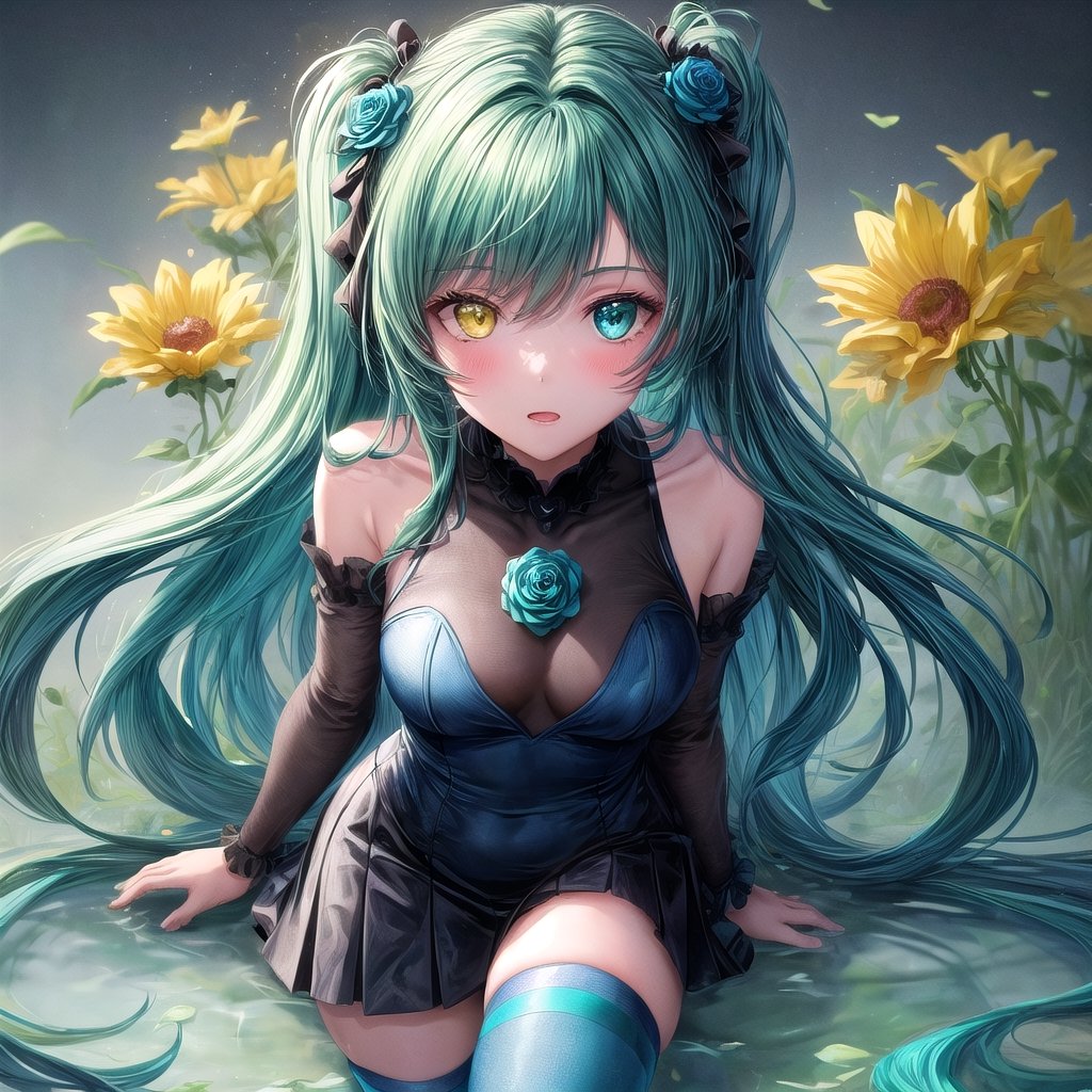 1girl, (masterpiece), best quality, expressive eyes, perfect face, anime girl with blue hair and green flowers in her hair, anime girl wearing a green holographic dress, green flowers, blue flowers, green and aqua clothes, green and aqua, green and aqua color palate, maiden anime girl, school girl in holographic dress, girl dressed in green, rose flower, green and blue color scheme, ((green)), dark green, small breast, (aqua and yellow eye heterochromia)+, white thighhighs,Add more details,More Detail