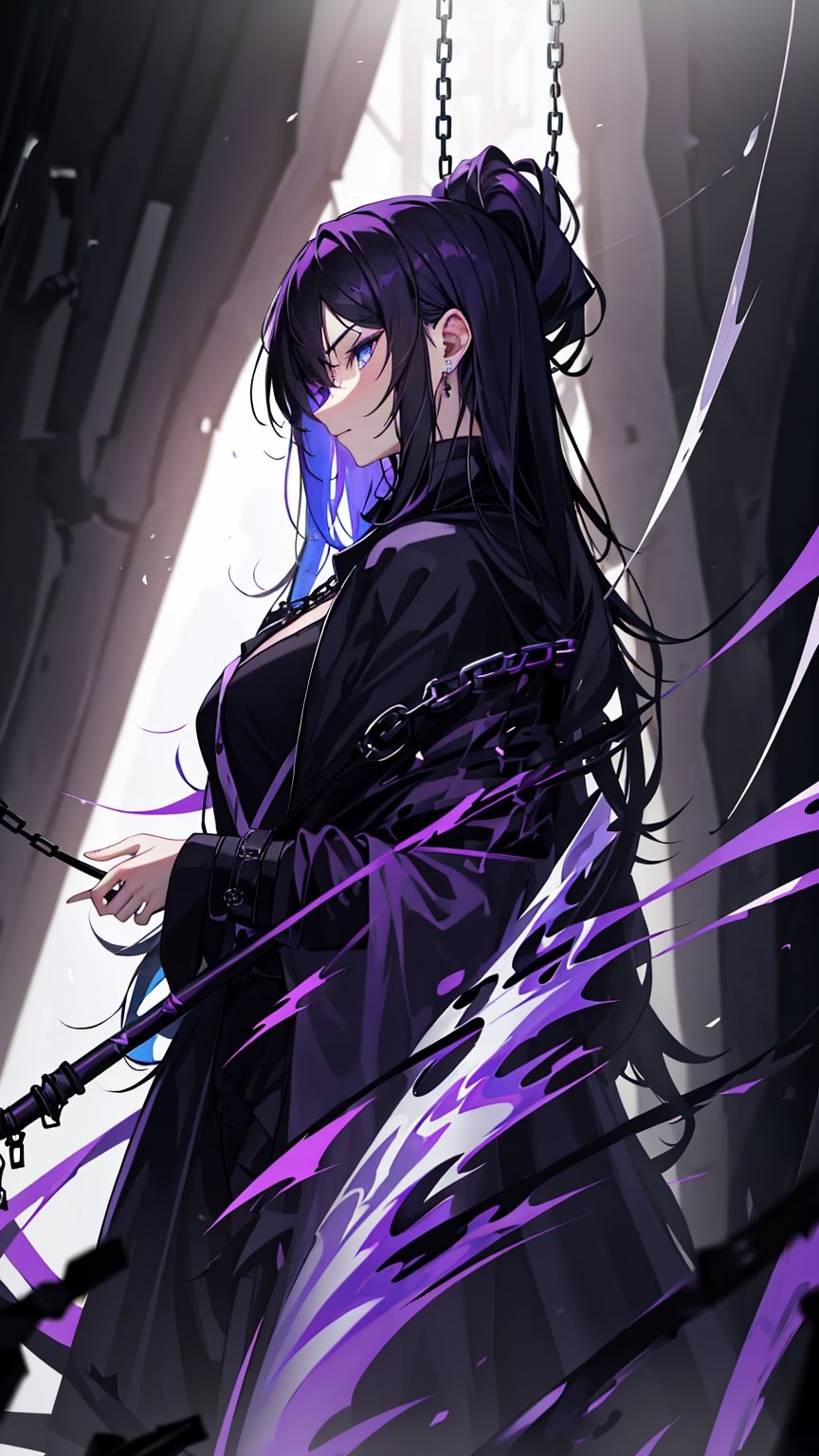 ,//Quality,
Masterpiece, Best Quality, Detailed, (Depth Of Field:1.2), Depth_Of_Field, Light Particles
,//Character,
1girl, Solo, Pissed Off Facial, Light Smirk, Black Long Hair, ((Black Hair Colour)), From Side, Black_Black_Purple Hair, Shiny Hair, Blue Eyes, ((Blue Eyes)), Bangs, Medium Chest
,//Fashion,
Blue Spade Earring, Black jacket, Purple_Purple_Black Jacket, Black Hoodie, Purple_Purple_Black Witch Robe, Black_Black_Dark Chains, (Black_Black_Dark Chains)), Draped In A Jacket Crafted Entirely From A Myriad Of Black_Black_Dark Chains, Black Chains
,//Background,
Waterfall Cliff
,//Others,
Holding Blue_White Fire Magic, Black_Black_Dark Chains, Forest Filled With Black_Black_Dark Chains, Void volumes, Modern, ((scythe)), Side view, Holding Blue Fire,holding_smoking_pipe ,smoking_pipe 