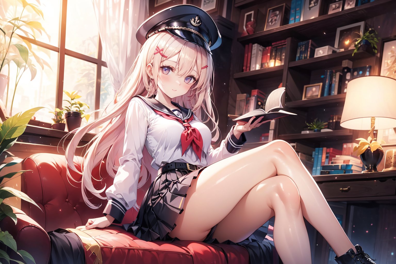 1girl, solo, long hair, breasts, looking at viewer, blush, smile, bangs, skirt, shirt, hair ornament, red eyes, long sleeves, hat, hair between eyes, jewelry, medium breasts, sitting, closed mouth, school uniform, white shirt, white hair, sidelocks, thighs, pleated skirt, earrings, boots, serafuku, hairclip, belt, indoors, black skirt, sailor collar, black footwear, cup, neckerchief, book, bare legs, window, black headwear, chair, crossed legs, plant, curtains, peaked cap, couch, red neckerchief, black sailor collar, black belt, military hat, bookshelf, potted plant, lamp