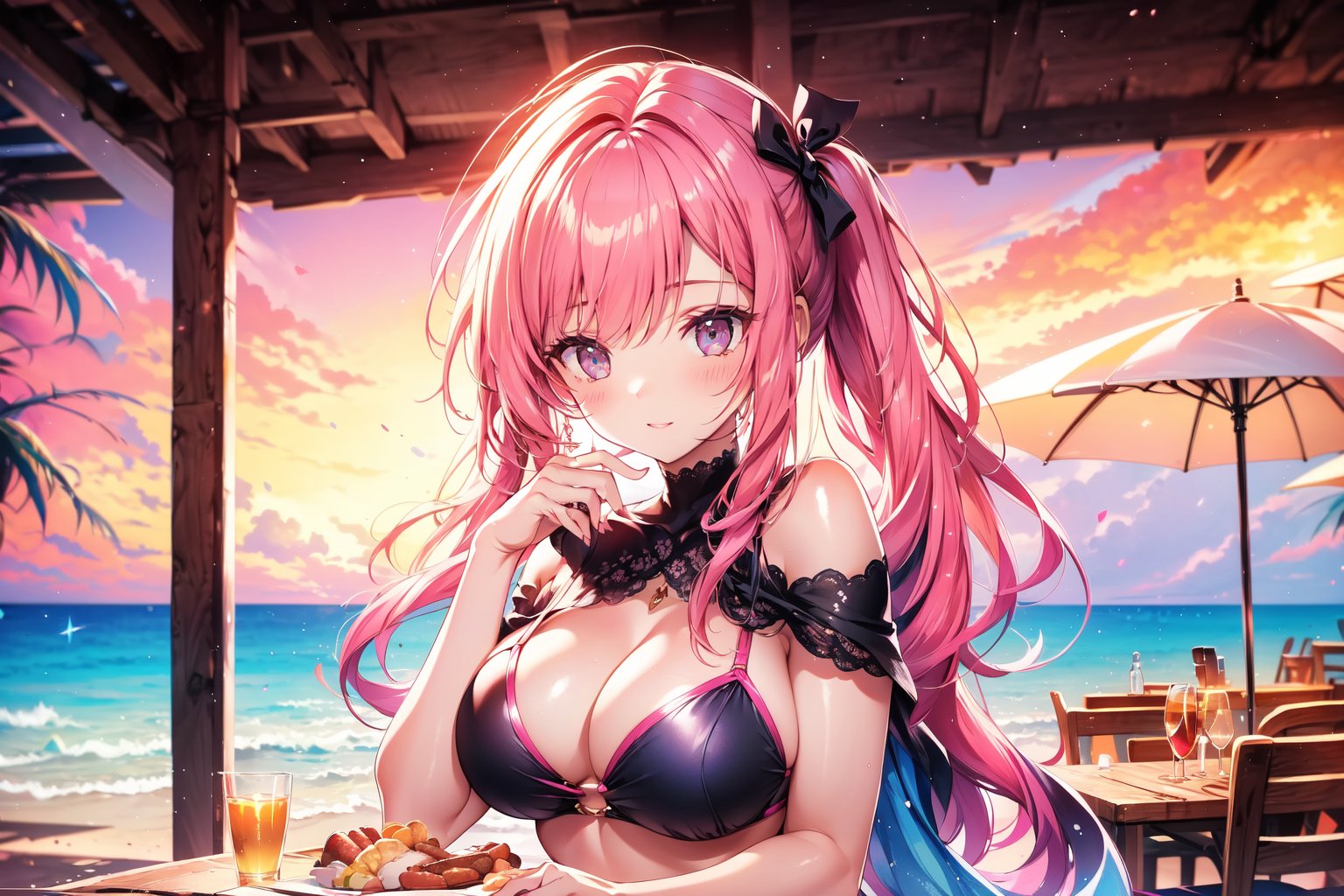 A 22-year-old girl with waist-length hair, wavy hair, side ponytail, at the beach, short sleeves, bikini, shawl, short skirt, off-shoulder, high heels, light blue long hair, pink long hair, dining table, Black bow headband,