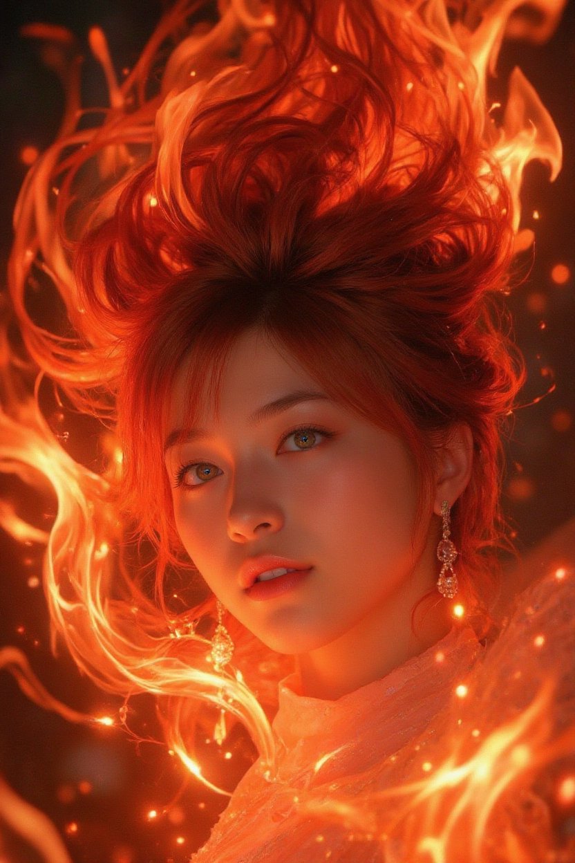 "legendary fire goddess",  dreamlike and surreal style,  Huge fiery red hair turns into flames by AI-Fantasy on Tensor.Art