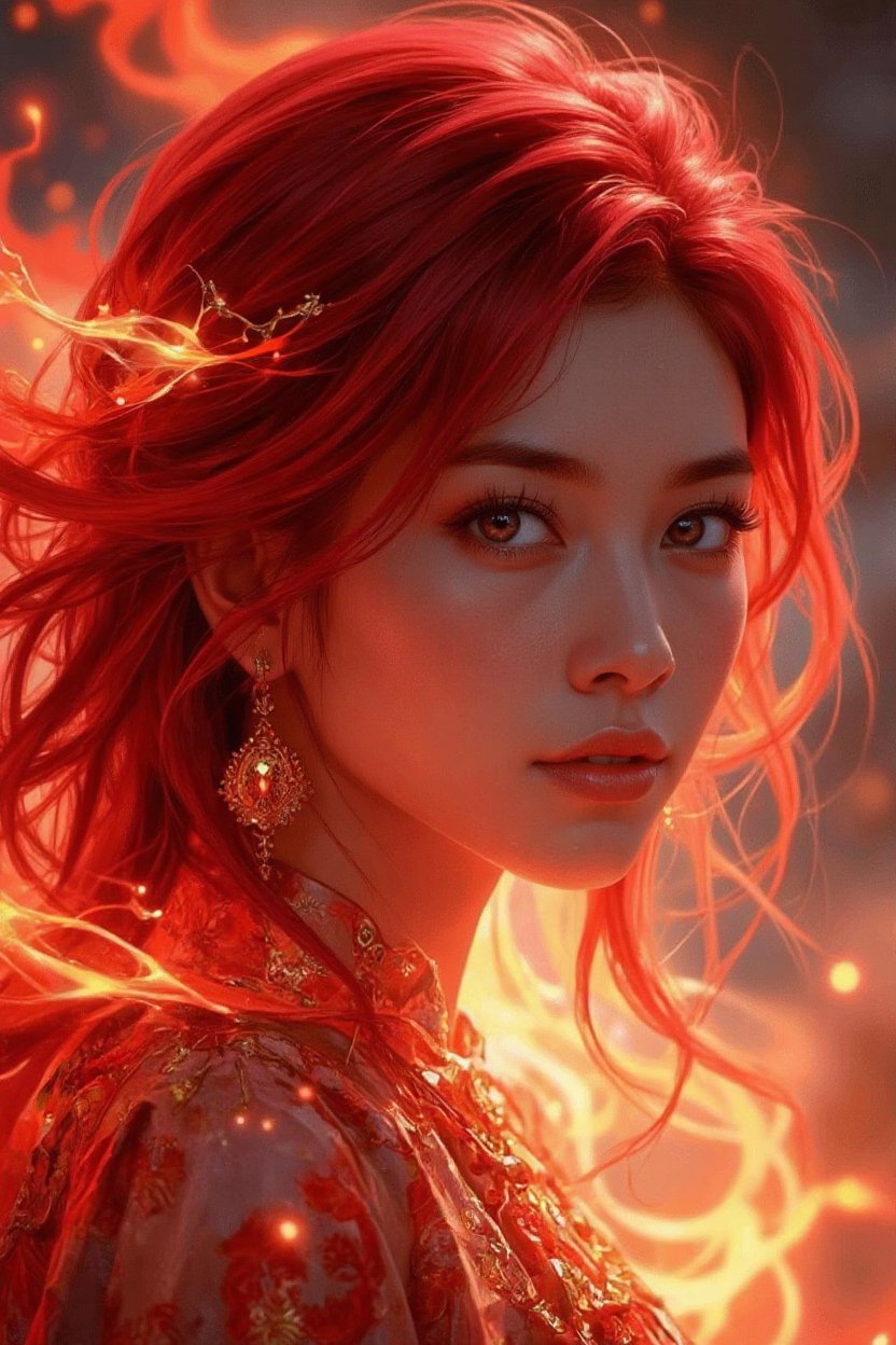 "legendary fire goddess",  dreamlike and surreal style,  Huge fiery red hair turns into flames by AI-Fantasy on Tensor.Art