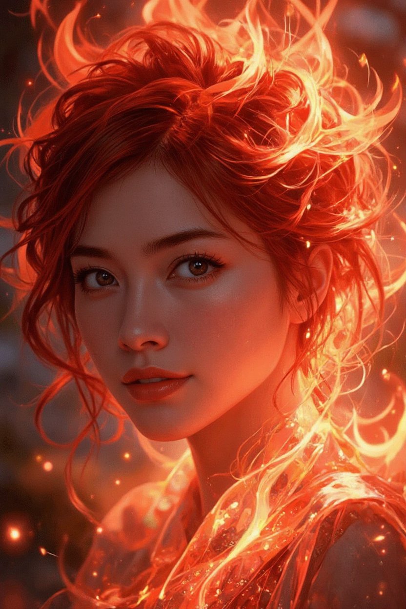 "legendary fire goddess",  dreamlike and surreal style,  Huge fiery red hair turns into flames by AI-Fantasy on Tensor.Art