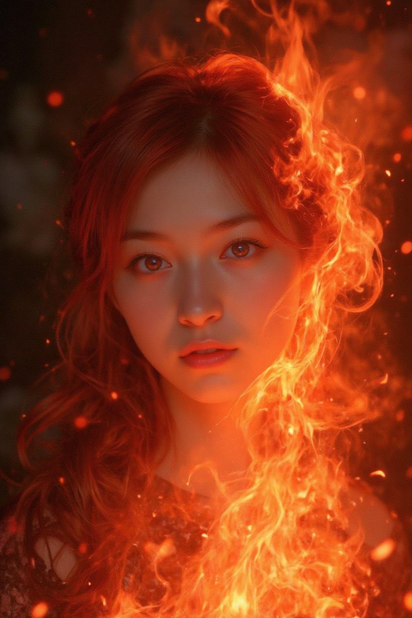 "legendary fire goddess",  dreamlike and surreal style,  Huge fiery red hair turns into flames by AI-Fantasy on Tensor.Art