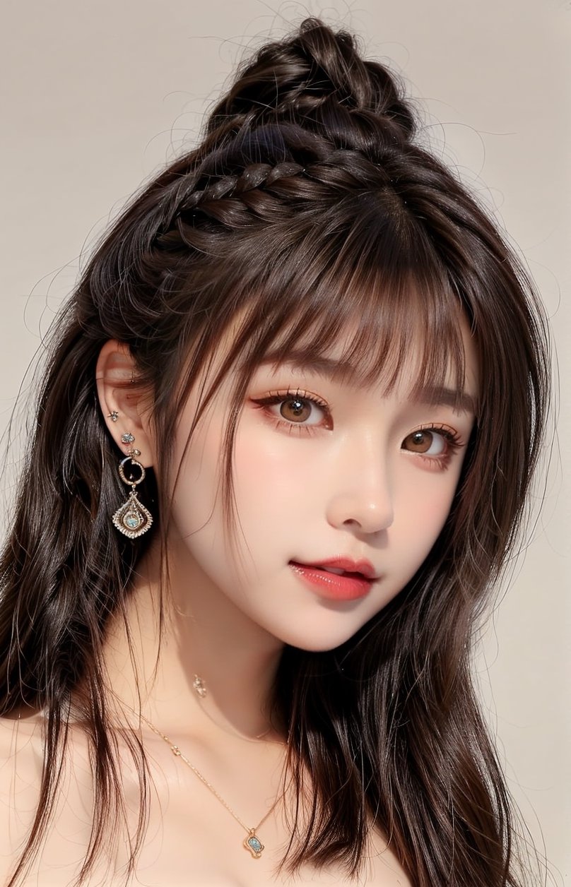 16K, 1girl, solo, brown hair, medium hair, looking at viewer, simple background, smile, closed mouth, brown hair, brown eyes, jewelry, earrings, lips, portrait, reality, braid, makeup, lipstick, nude, Symmetrical ponytails, necklace, bangs,QQQ