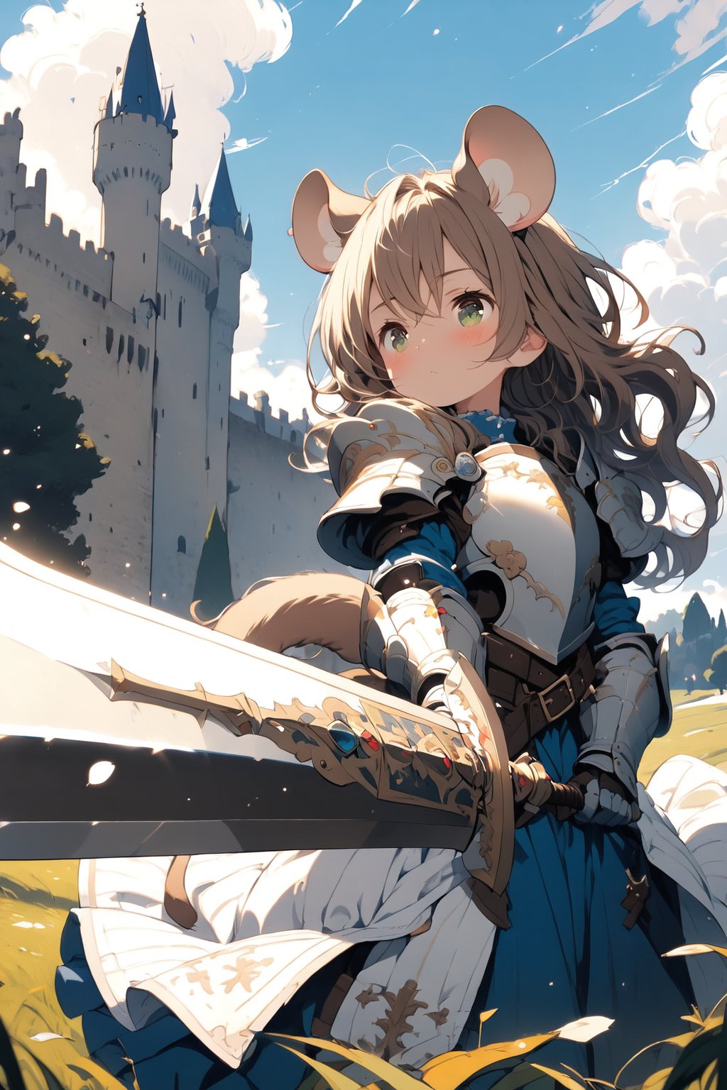 //quality, masterpiece:1.4, detailed:1.4,best quality:1.4,//,1girl,(solo),loli,mouse girl,knight,//,brown mouse ears, animal ear fluff,mouse tail,brown hair,(long hair),wavy hair,bangs,beautiful detailed eyes, light green eyes,glowing eyes,flat chest,//,(white armor),leather belt,armored dress,gauntlets,//,blush,serious,closed mouth,//,(holding sword),//, outdoor, day, blue sky, scenery, castle, Medieval, //,brave perspective, 