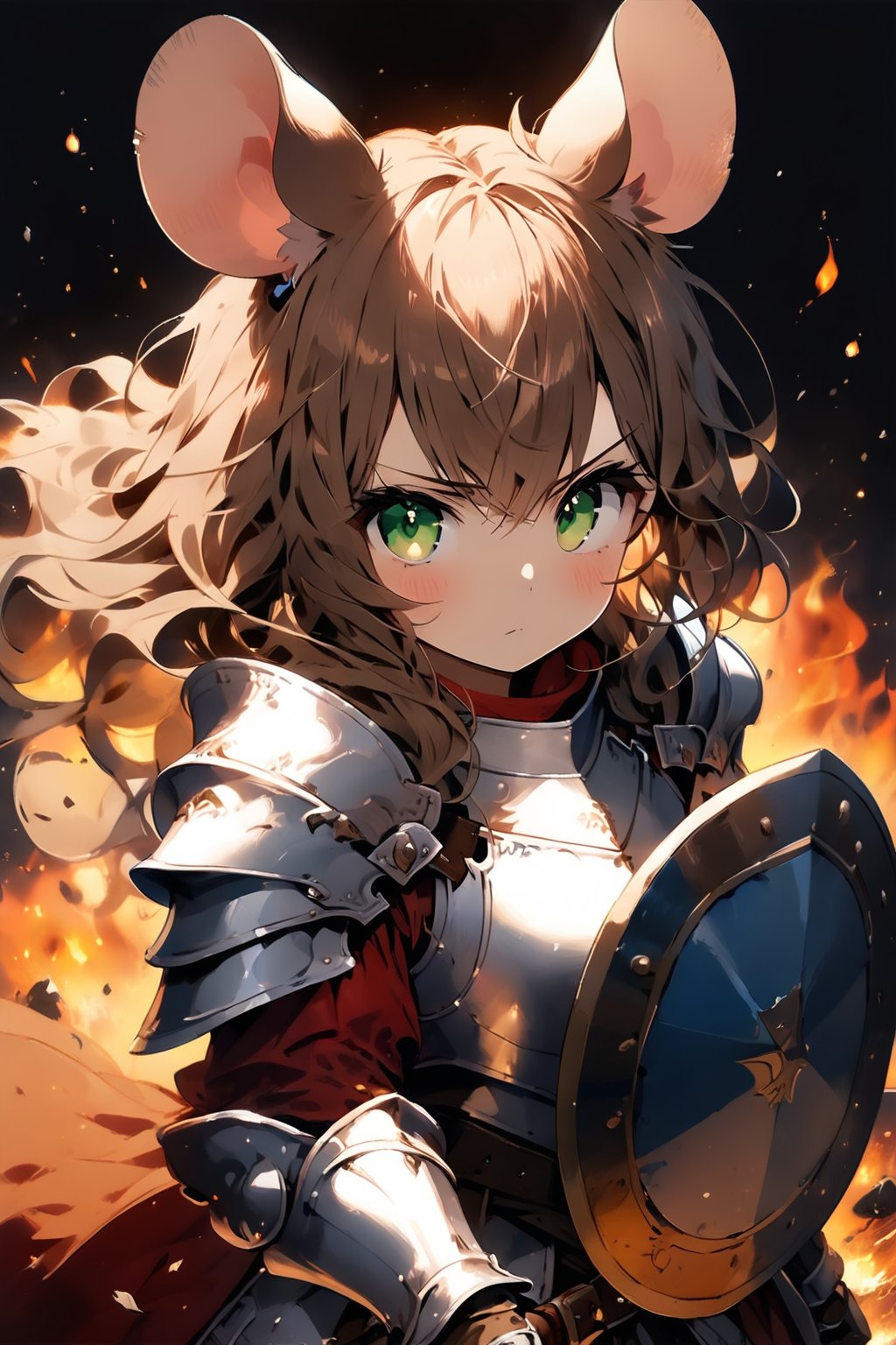 //quality, masterpiece:1.4, detailed:1.4,best quality:1.4,//,1girl,solo,mouse girl,knight,//,brown mouse ears, animal ear fluff, brown mouse tail,brown hair,(long hair),wavy hair,bangs,beautiful detailed eyes, light green eyes,glowing eyes,//,(white armor),leather belt,gauntlets,//,angry,blush,serious,closed mouth,looking_at_viewer,looking_up,pov, first-person_view,//,(holding shield),(holding sword), ,standing,close-up portrait,from_above,cowboy_shot, straight-on,//,windy,(black background),fire, stone road, flame , Medieval, //,surrounding by fire,flame around the girl,flying debris,FuturEvoLabFlame,ink paint