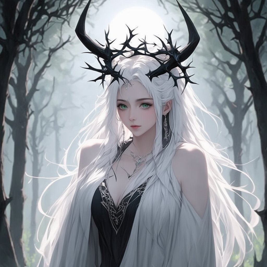 A single female figure, ethereal and otherworldly, stands in a mystical forest. Her pale skin glows softly under the moonlight, with delicate features and an intense gaze from emerald green eyes. A shock of white hair cascades down, intertwined with thorny black vines that seem to writhe and twist. Slender, sharply pointed black horns, resembling a crown of thorns, frame her face. The scene is illuminated by a soft, ethereal light, capturing her beauty in a close-up, portrait-style shot.