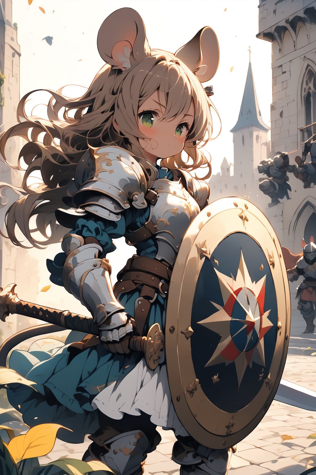 //quality, masterpiece:1.4, detailed:1.4,best quality:1.4,//,1girl,solo,loli,mouse girl,knight,//,brown mouse ears, animal ear fluff,mouse tail,brown hair,(long hair),wavy hair,bangs,beautiful detailed eyes, light green eyes,glowing eyes,flat chest,//,(white armor),leather belt,armored dress,gauntlets,//,sweaty,blush,serious,closed mouth,//,holding shield,(holding sword),battle stance, cowboy_shot,//, outdoor, scenery, standing on the city wall, town, Medieval, nature light,//