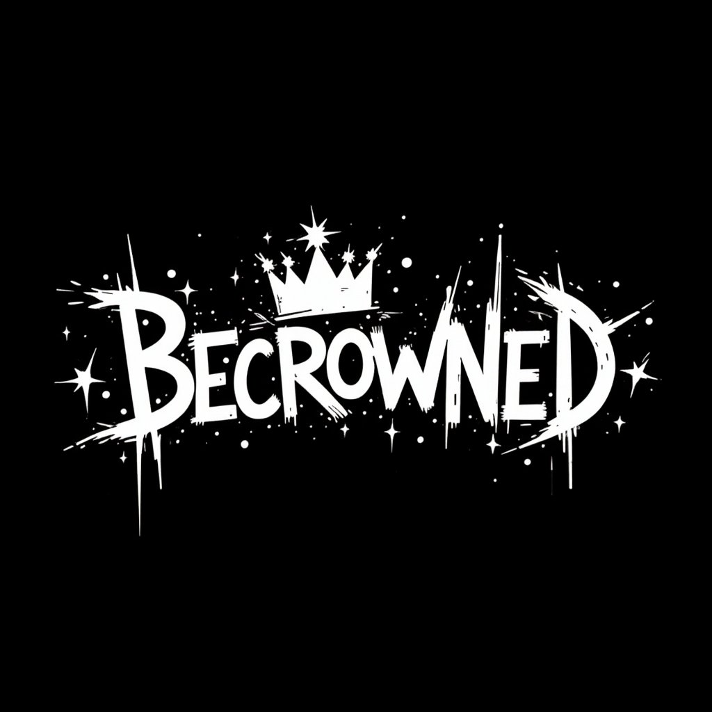 The word "BECROWNED" in style of mad kids drawing, logo with black background