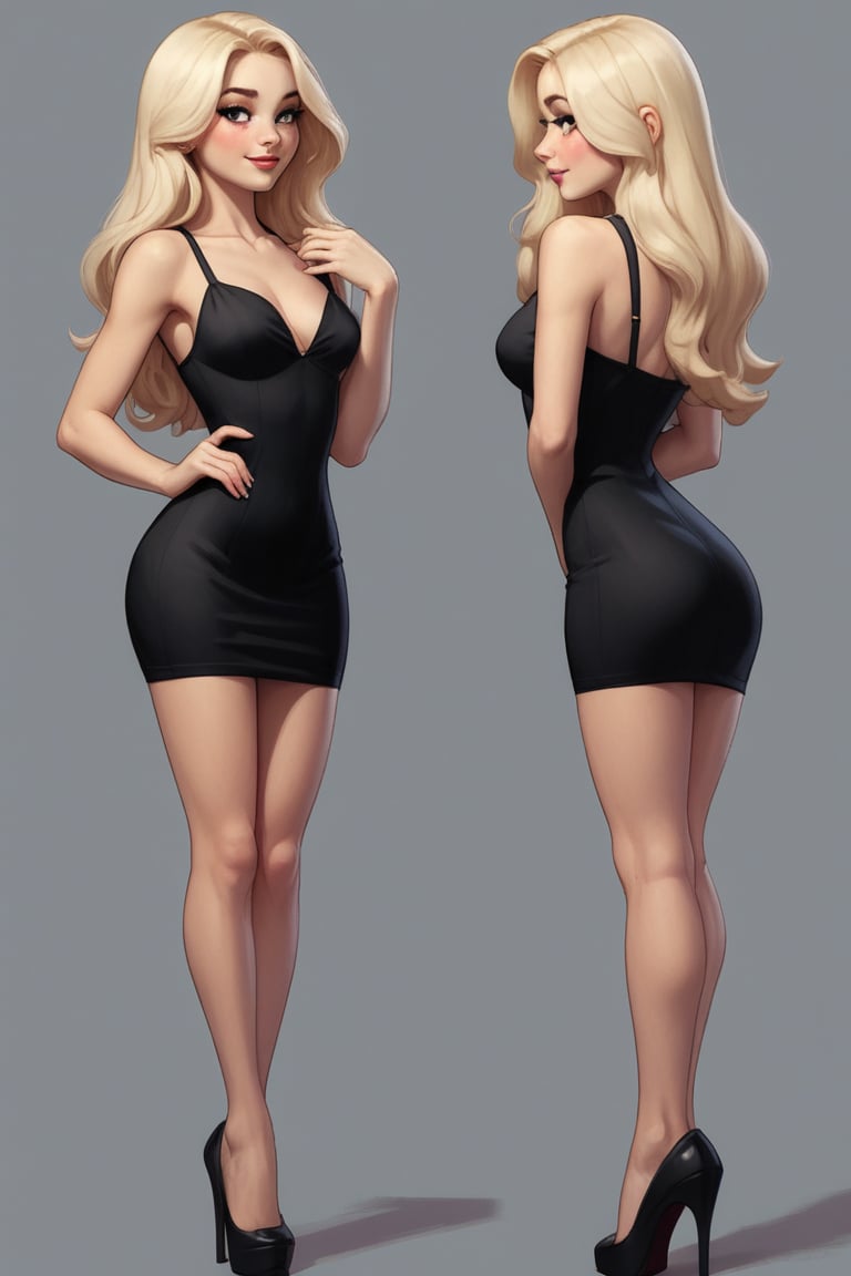 alena aenami, pin-up, skinny long haired blonde beauty, flirty, shy, fancy short black dress, full body view