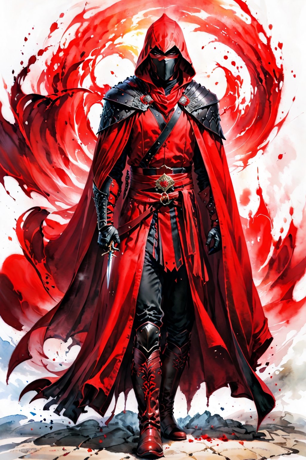 ((watercolor on parchment)) score_9, score_8, score_7_up, muscular male human assassin, red and black, gloves, cloak, robes, boots, white background, full body shot, solo, 1 person, masterpiece,skpleonardostyle,painted world