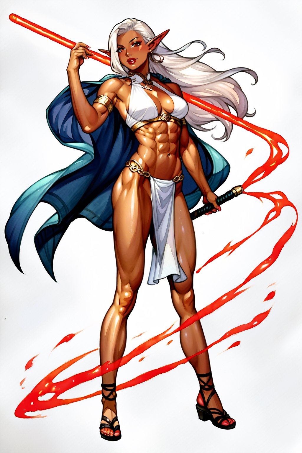 ((watercolor illustration on parchment)) score_9, score_8, score_7_up, slender beautiful female elf with brown skin holding a lightsaber, toned arms, toned thighs, toned abs, long white hair, red eyes, black top, black loincloth, sandals, white background, full body shot, solo, 1 person, masterpiece,JediStyle,pencil sketch,photorealistic,KA,watercolor \(medium\)