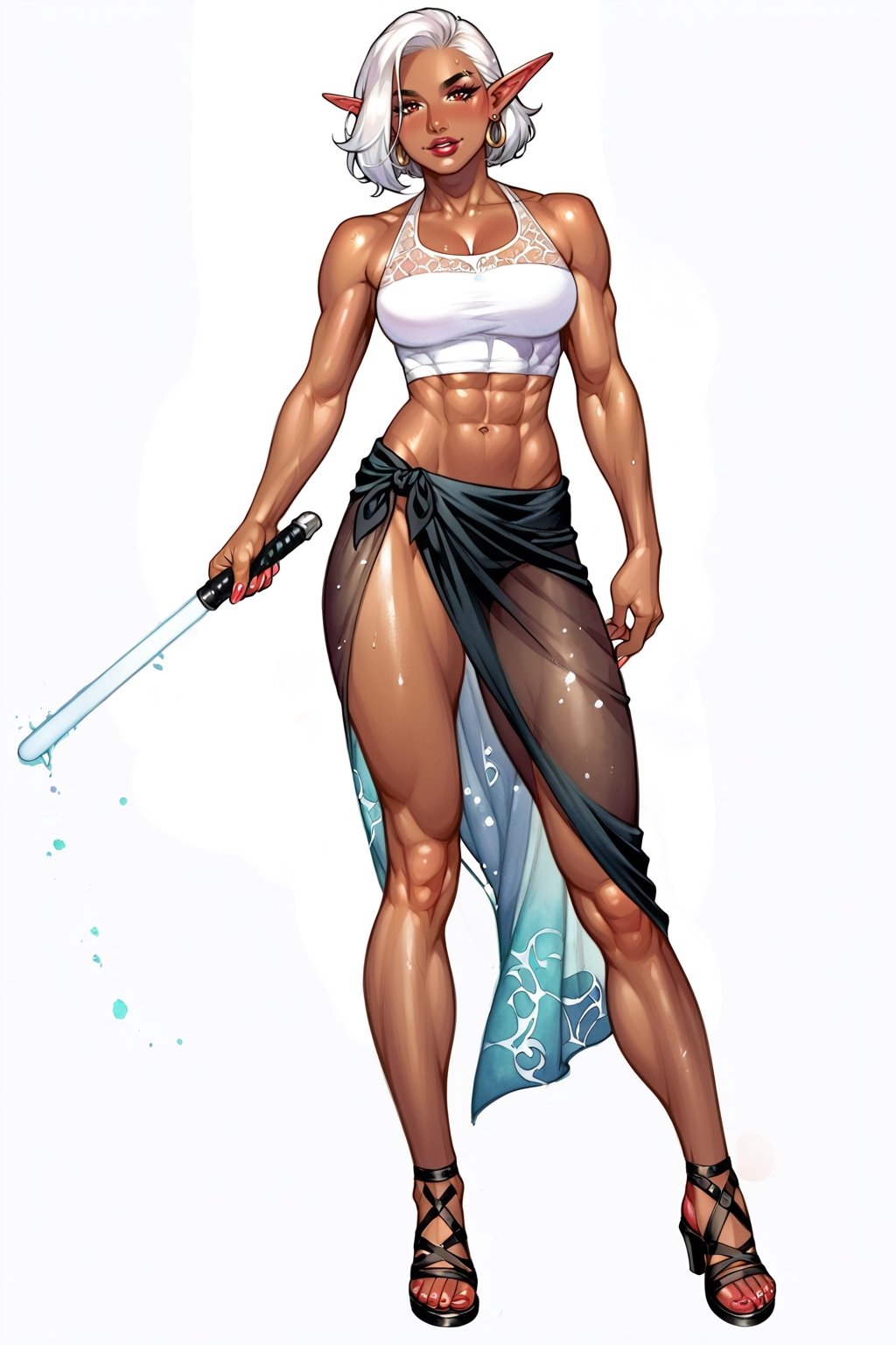 ((watercolor illustration on parchment)) score_9, score_8, score_7_up, slender beautiful female elf with brown skin holding a lightsaber, toned arms, toned thighs, toned abs, long white hair, red eyes, black top, black sarong, sandals, white background, full body shot, solo, 1 person, masterpiece,JediStyle,pencil sketch,photorealistic,KA,watercolor \(medium\)