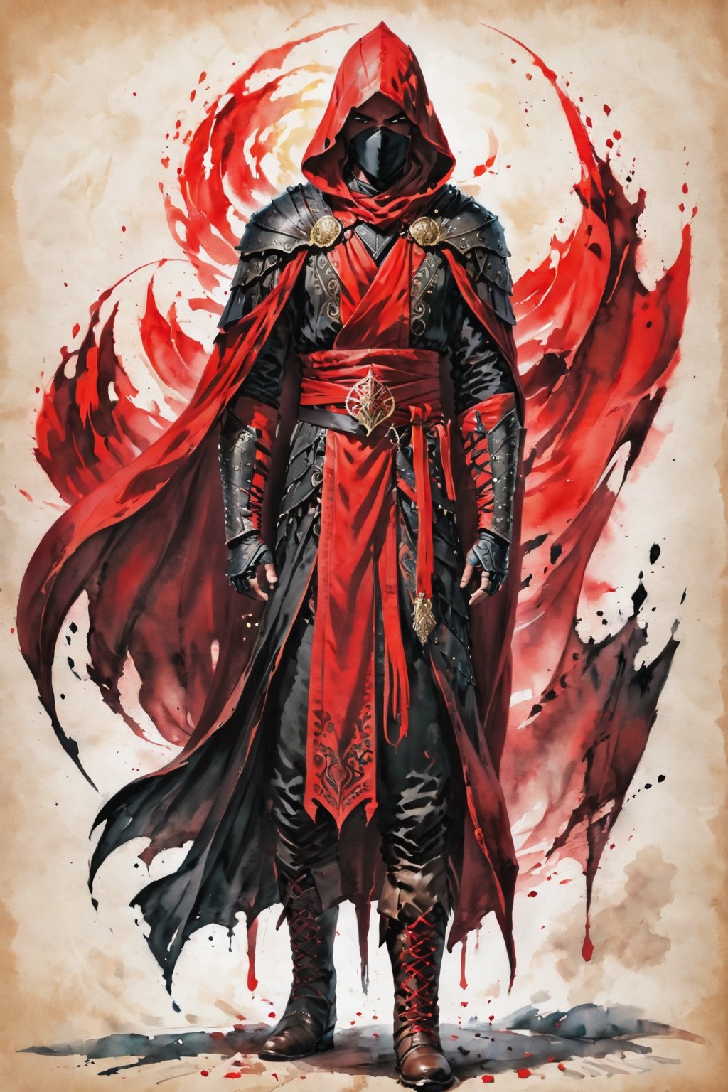 ((watercolor on parchment)) score_9, score_8, score_7_up, muscular male human assassin, red and black, cloak, robes, boots, white background, full body shot, solo, 1 person, masterpiece,skpleonardostyle,painted world