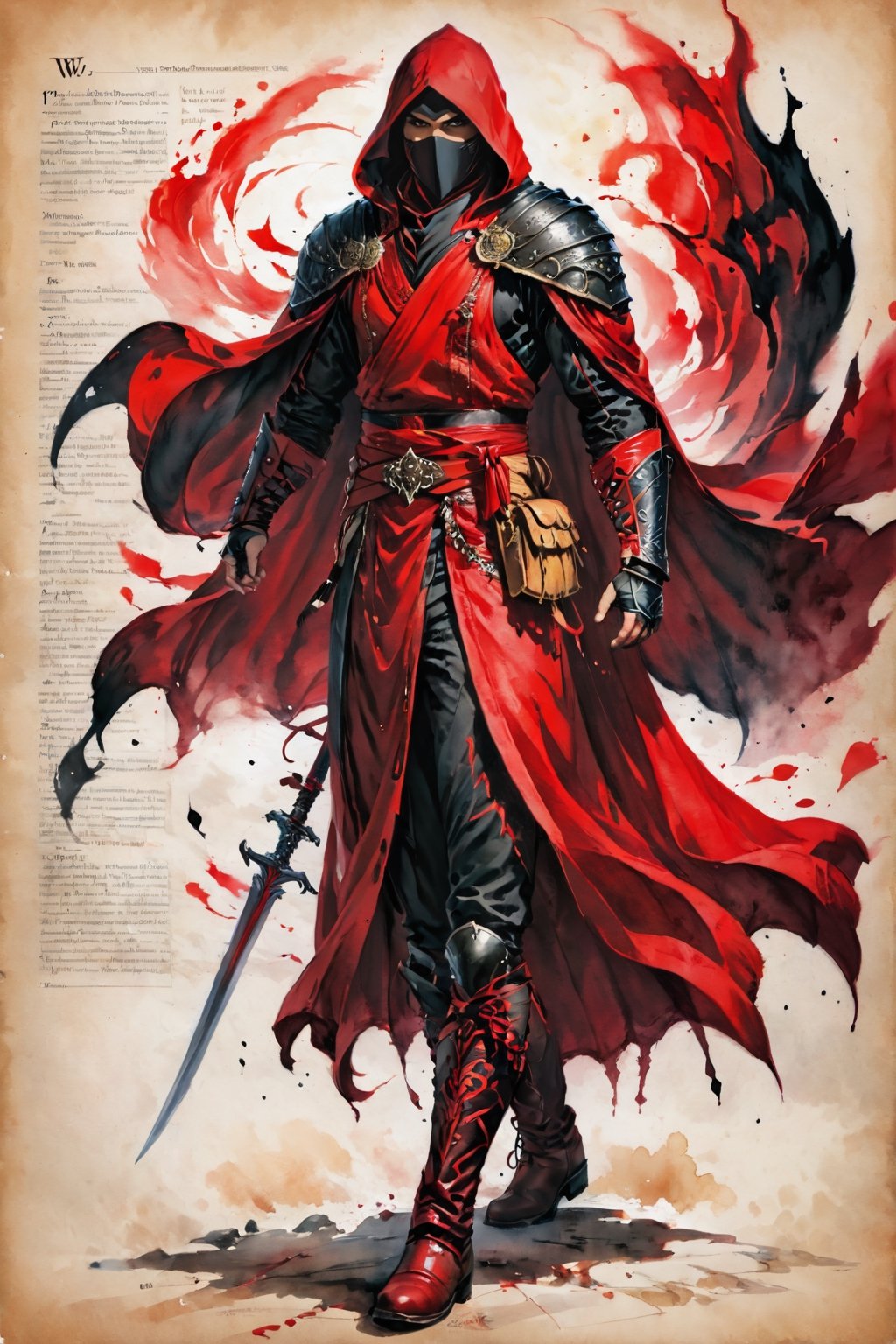 ((watercolor on parchment)) score_9, score_8, score_7_up, muscular male human assassin, red and black, cloak, robes, boots, white background, full body shot, solo, 1 person, masterpiece,skpleonardostyle,painted world