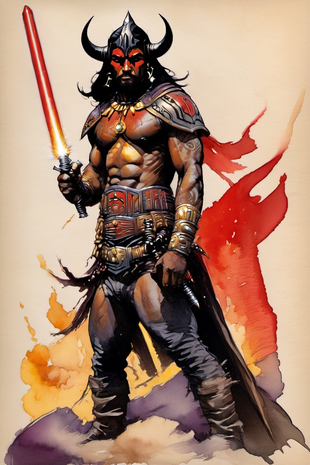 ((watercolor illustration on parchment)) score_9, score_8, score_7_up, evil glare, frowning, muscular male with brown skin holding a red lightsaber, full body black tribal tattoos, black tribal face tattoos, sinister, scowling, frowning, short black hair, gold eyes, black hood, black cloak, black chest armor, black pants, black boots, white background, full body shot, solo, 1 person, masterpiece,JediStyle,KA, 3D SINGLE TEXT,F41Arm0rXL ,rmspdvrs,fr4z3tt4 