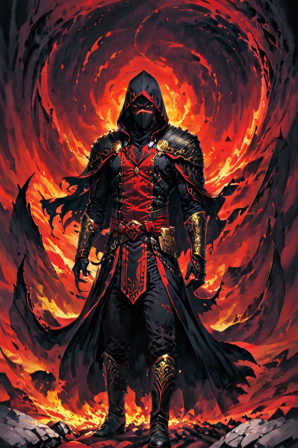 ((oil painting)) score_9, score_8, score_7_up, evil glare, muscular male assassin with red skin, sinister, scowling, frowning, black hair, gold eyes, black cloak, black robes, black boots, white background, full body shot, solo, 1 person, masterpiece,fr4z3tt4 ,glowing sword,swordsman,skpleonardostyle,painted world