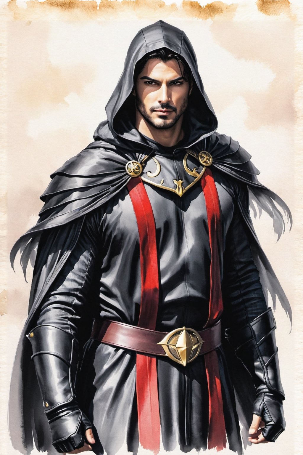 ((watercolor illustration on parchment)) score_9, score_8, score_7_up, evil glare, frowning, muscular male sith with red skin, sinister, scowling, frowning, black hair, gold eyes, black cloak, black robes, black boots, white background, full body shot, solo, 1 person, masterpiece,JediStyle,pencil sketch,photorealistic,KA,skpleonardostyle