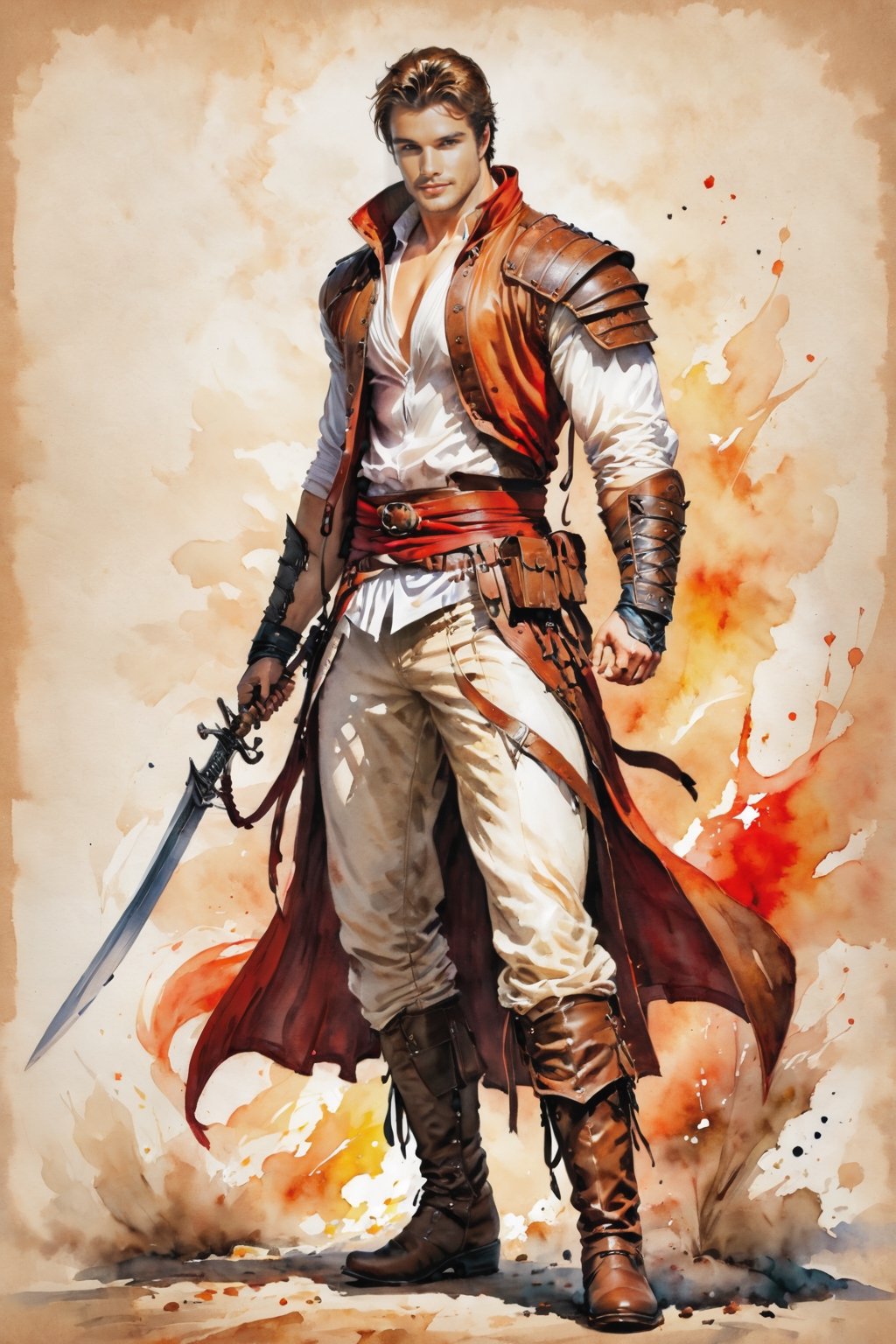 ((watercolor on parchment)) score_9, score_8, score_7_up, muscular male human assassin, brown and white clothes, boots, white background, full body shot, solo, 1 person, masterpiece,skpleonardostyle,painted world