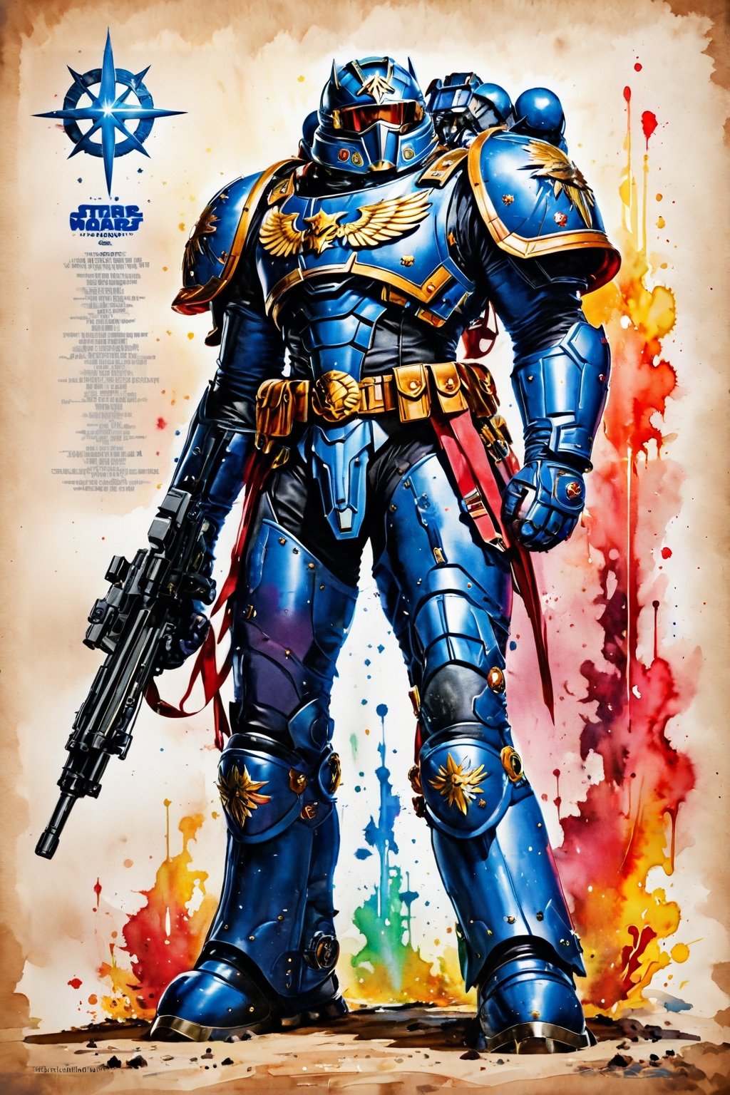 ((watercolor on parchment)) score_9, score_8, score_7_up, space marine with gun, white background, full body shot, solo, 1 person, masterpiece,skpleonardostyle,painted world