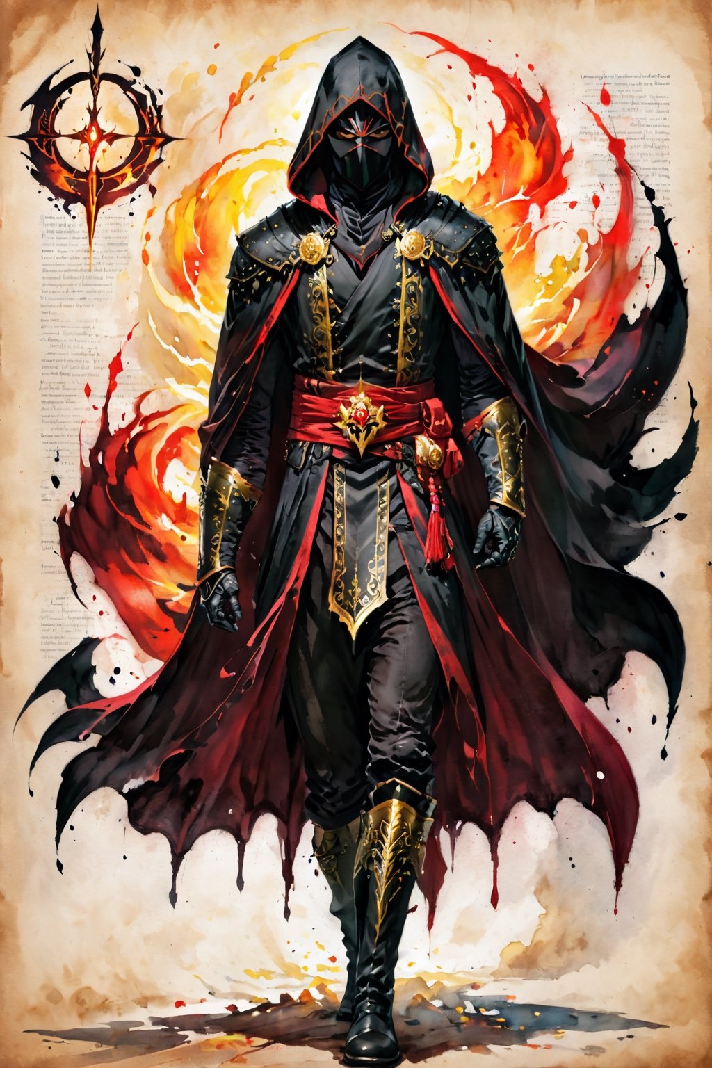 ((watercolor on parchment)) score_9, score_8, score_7_up, evil glare, muscular male assassin, black skin, sinister, gold eyes, black cloak, black robes, black boots, white background, full body shot, solo, 1 person, masterpiece,skpleonardostyle,painted world