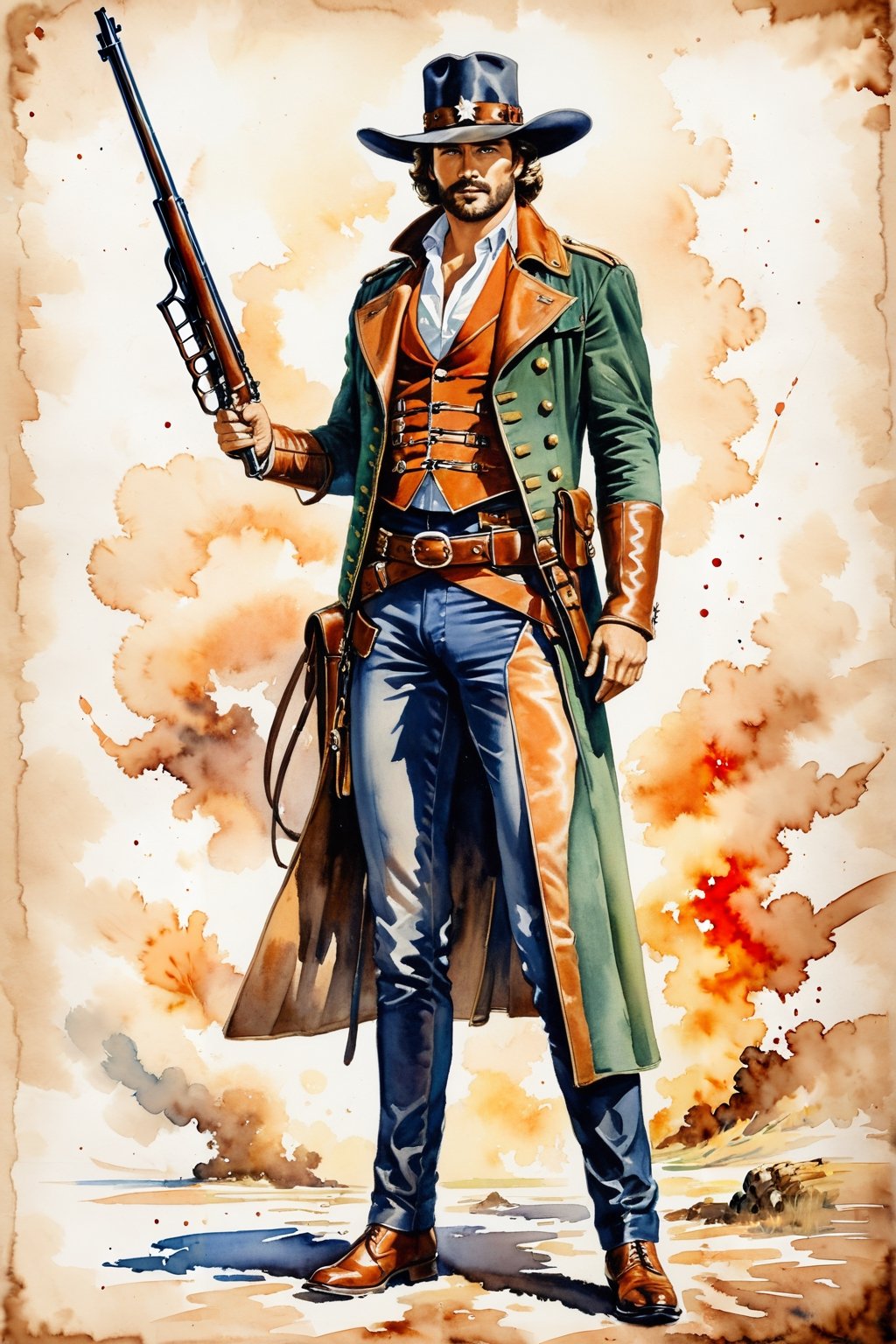 ((watercolor on parchment)) score_9, score_8, score_7_up, gunslinger with gun, white background, full body shot, solo, 1 person, masterpiece,skpleonardostyle,painted world